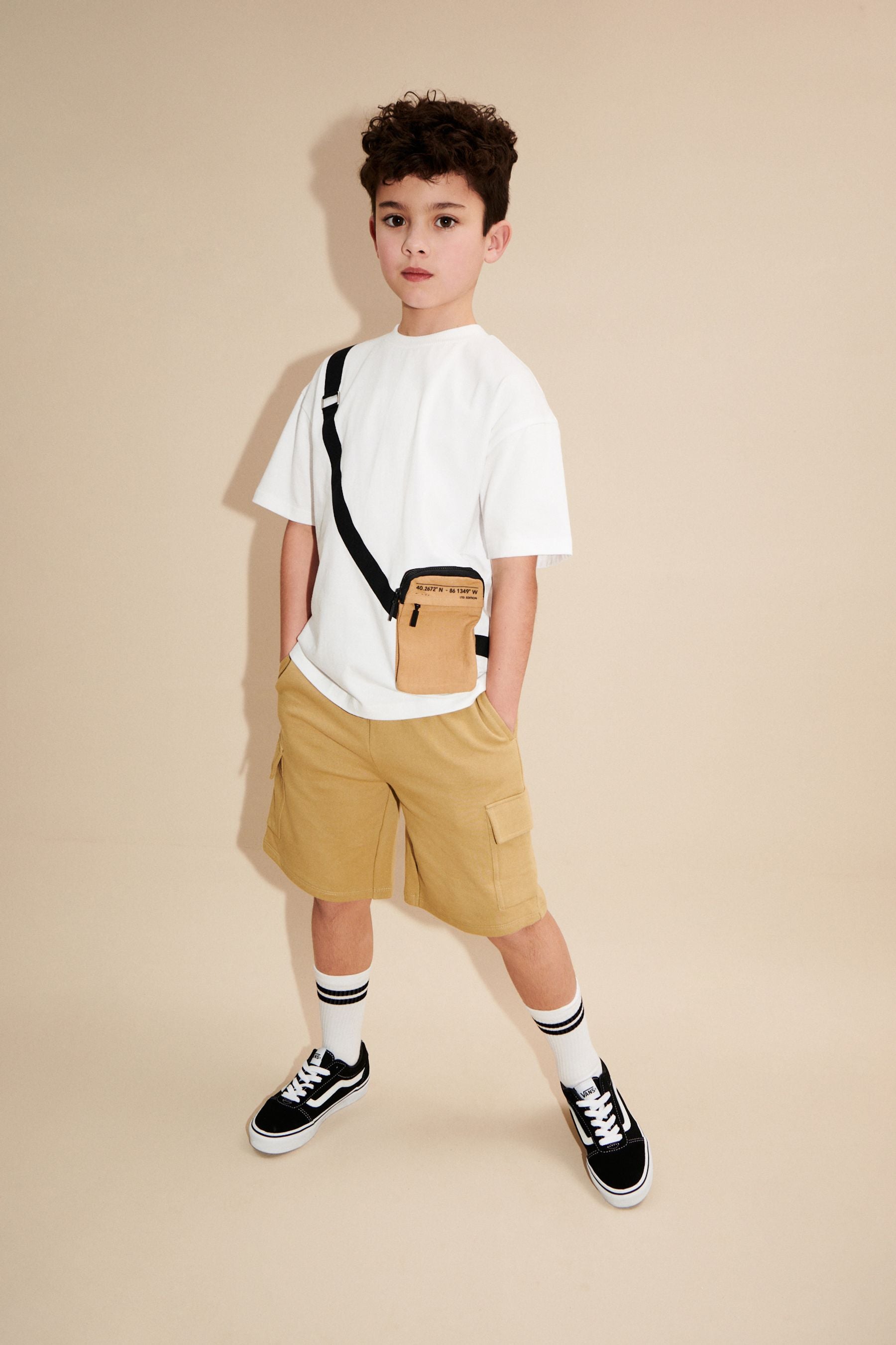 White/ Stone Utility Bag Short Sleeves 100% Cotton T-Shirt and Shorts Set (3-16yrs)