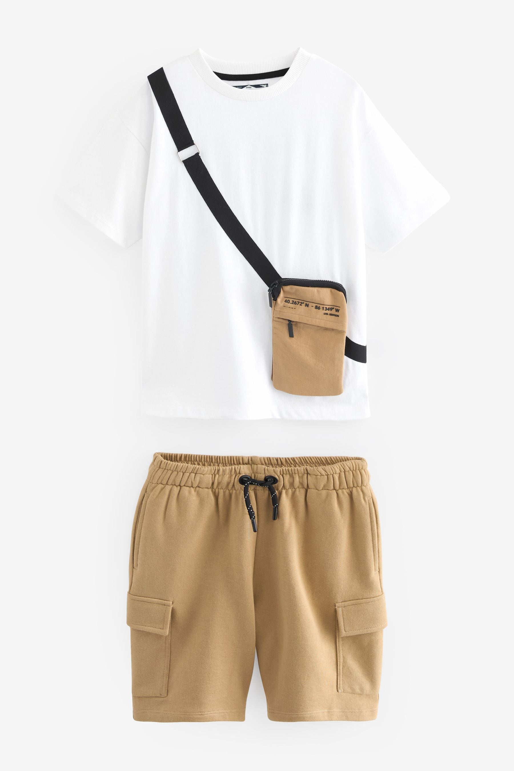 White/ Stone Utility Bag Short Sleeves 100% Cotton T-Shirt and Shorts Set (3-16yrs)