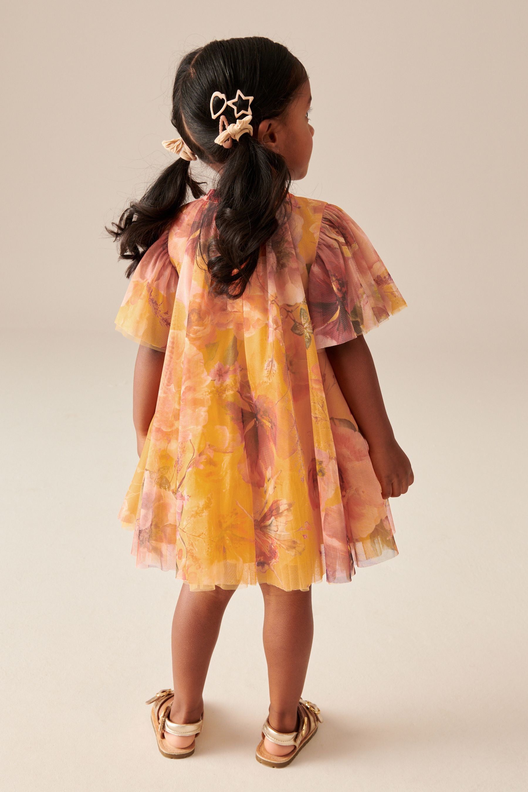 Ochre Yellow Floral Mesh Dress (3mths-7yrs)