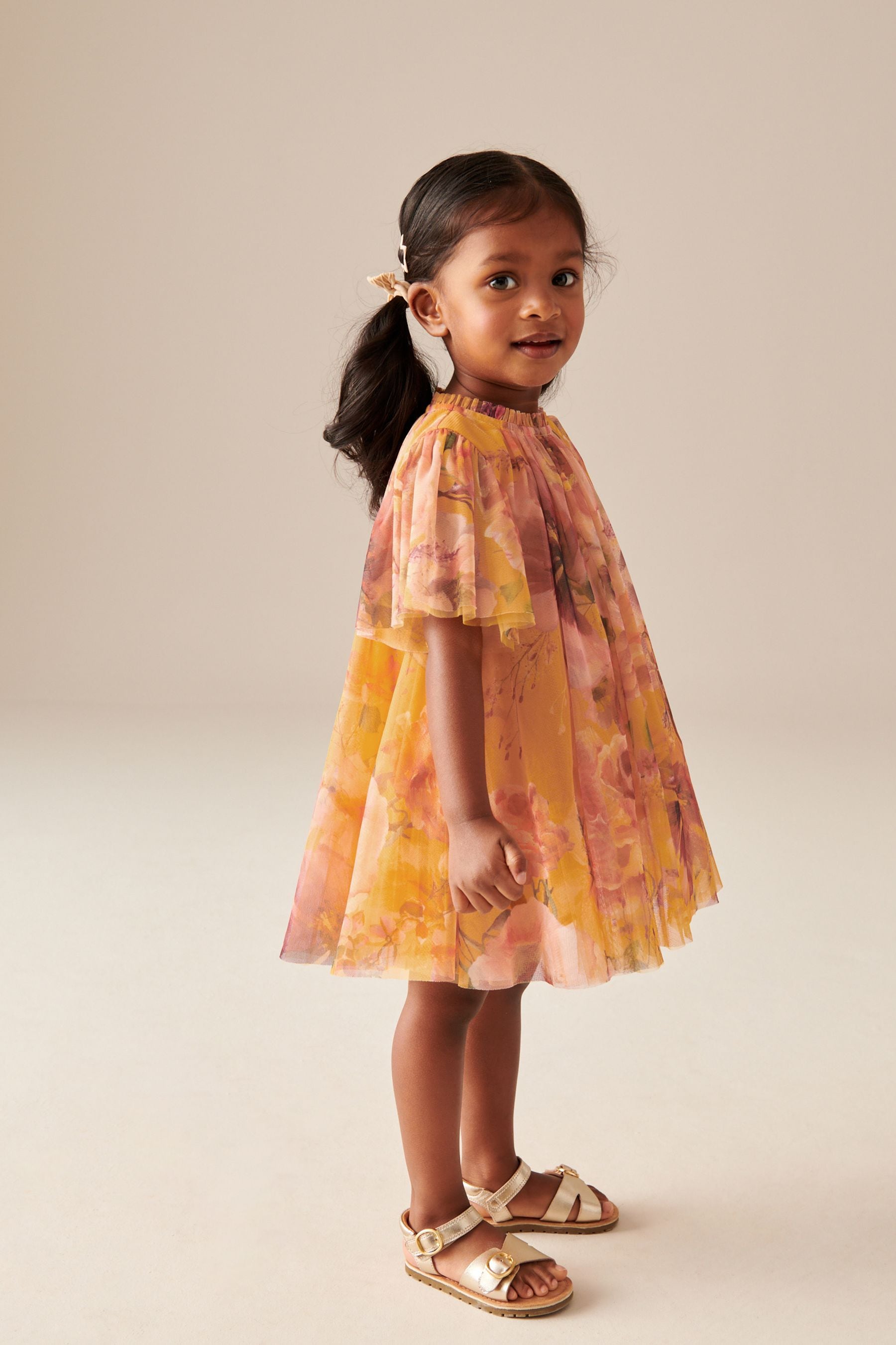 Ochre Yellow Floral Mesh Dress (3mths-7yrs)