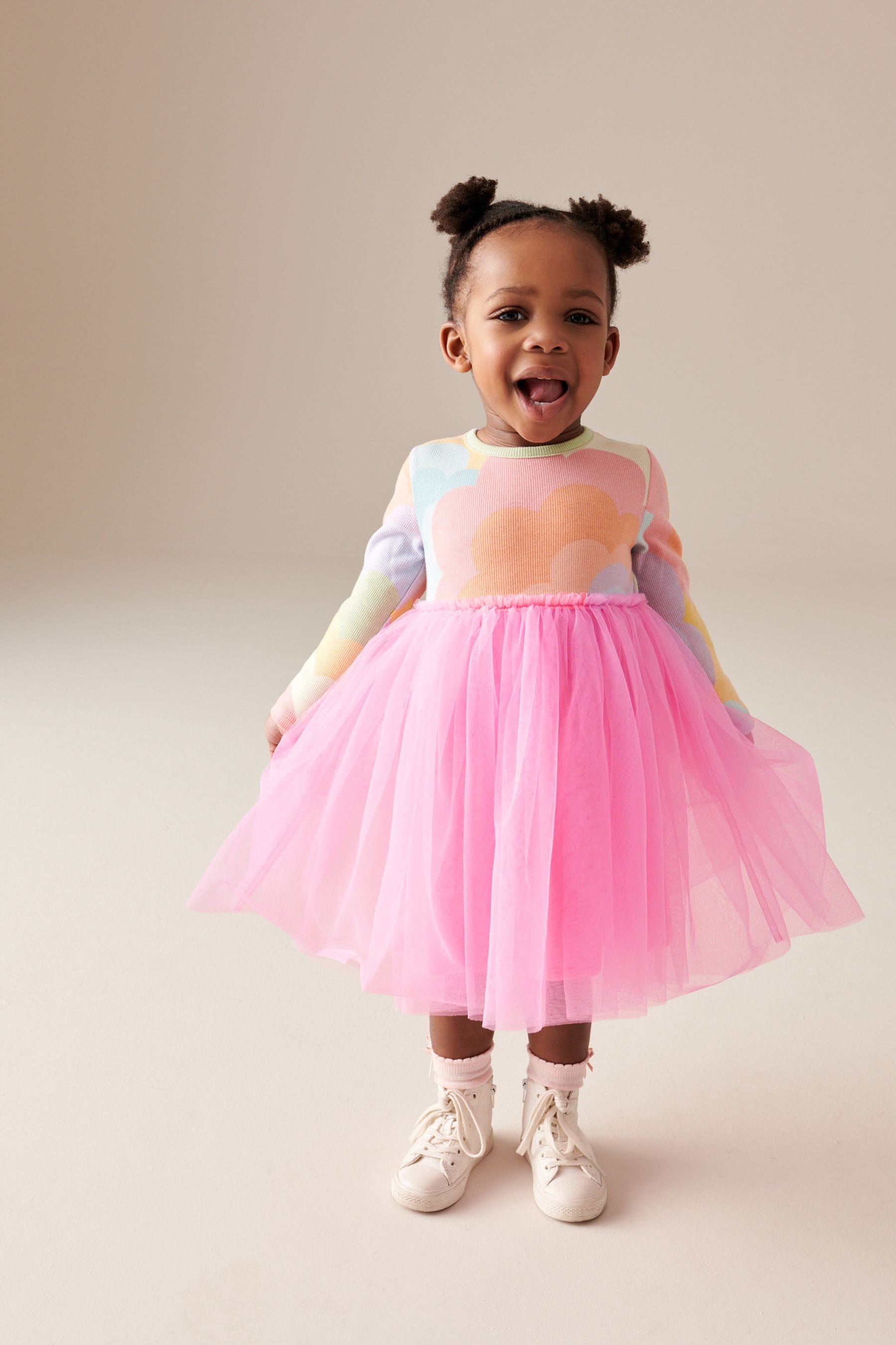 Pink Rainbow Long Sleeve Mesh Dress (3mths-7yrs)