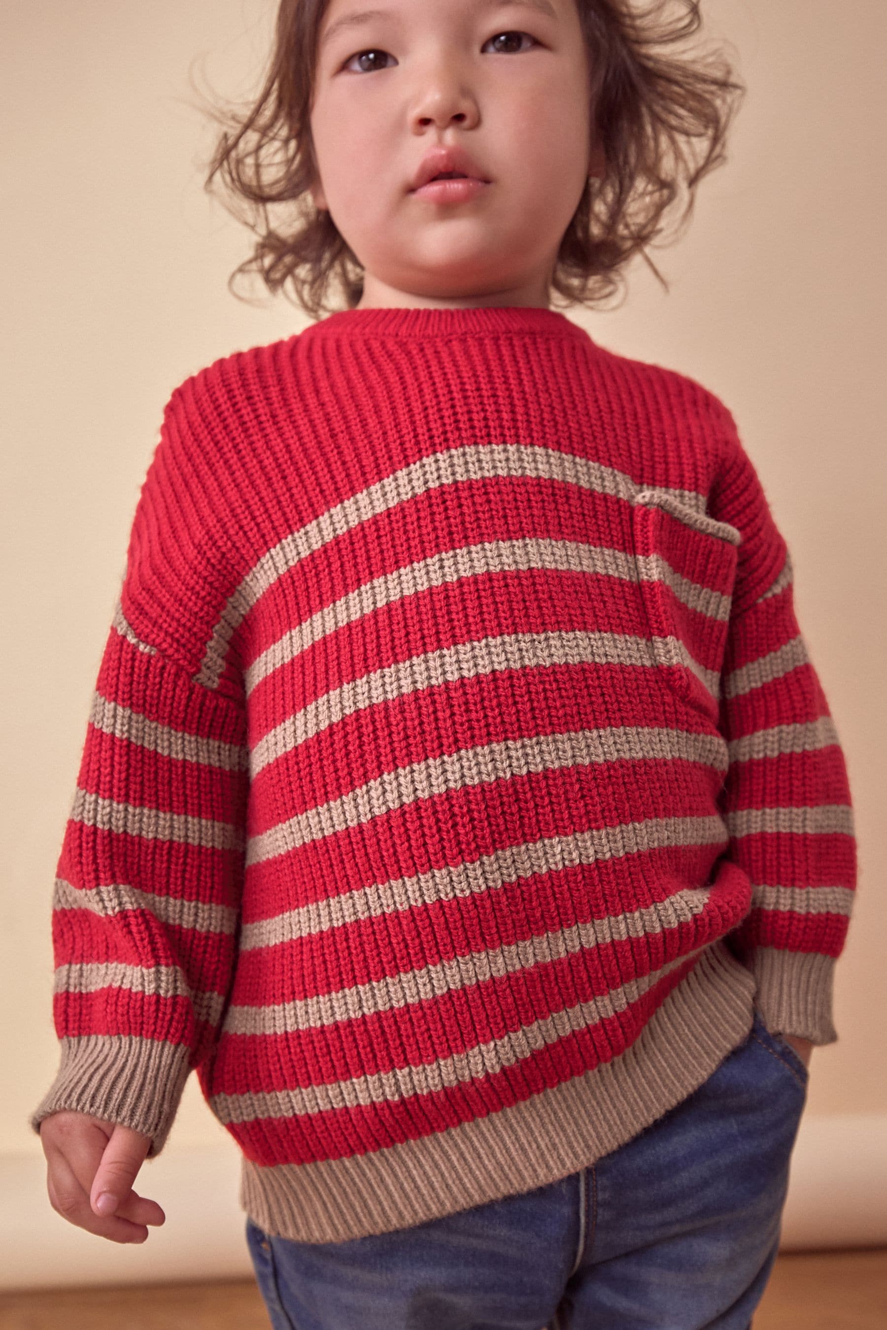 Red/Tan Brown Stripe Crew Neck Knitted Jumper (3mths-7yrs)