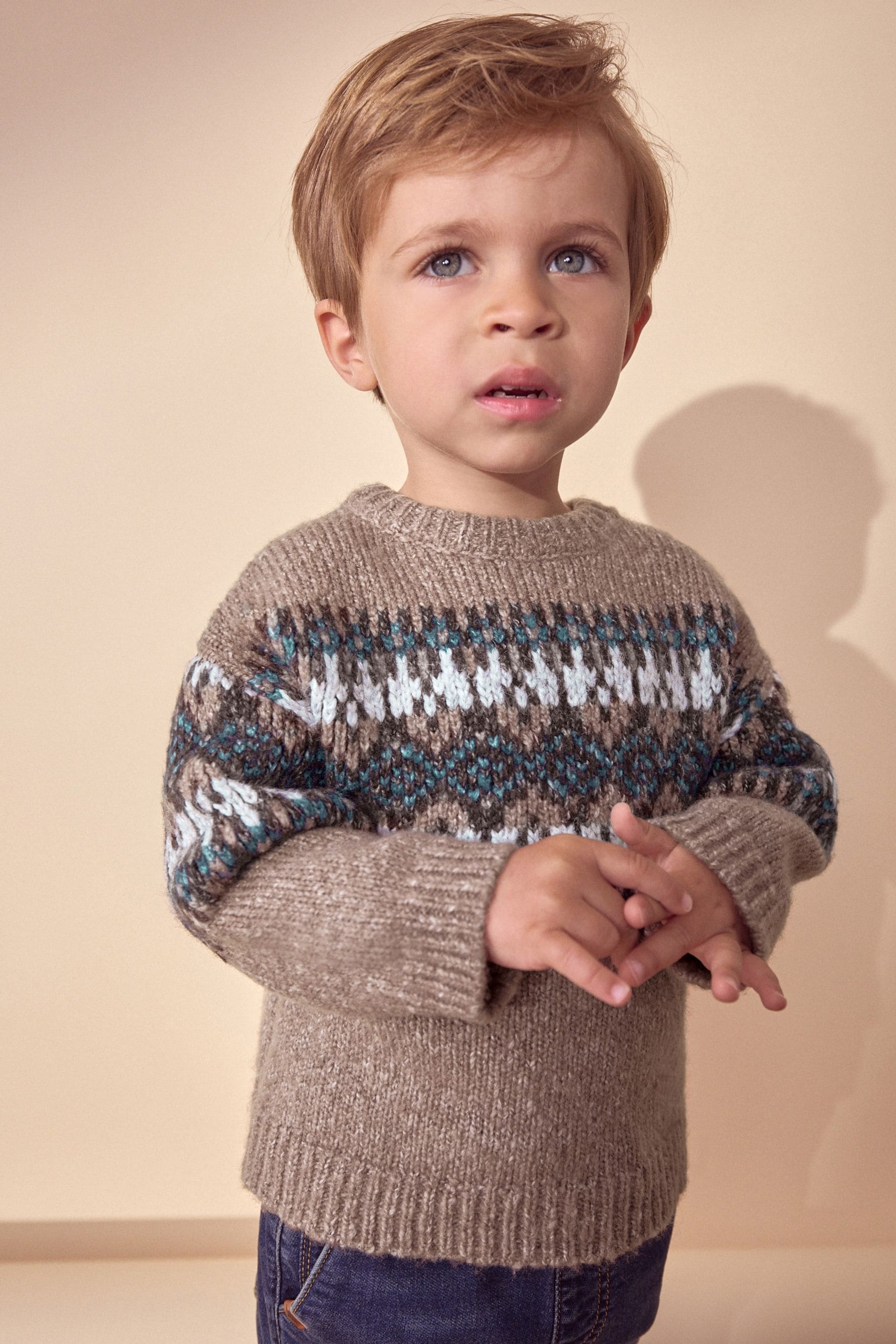 Neutral Fairisle Crew Neck Knitted Jumper (3mths-7yrs)