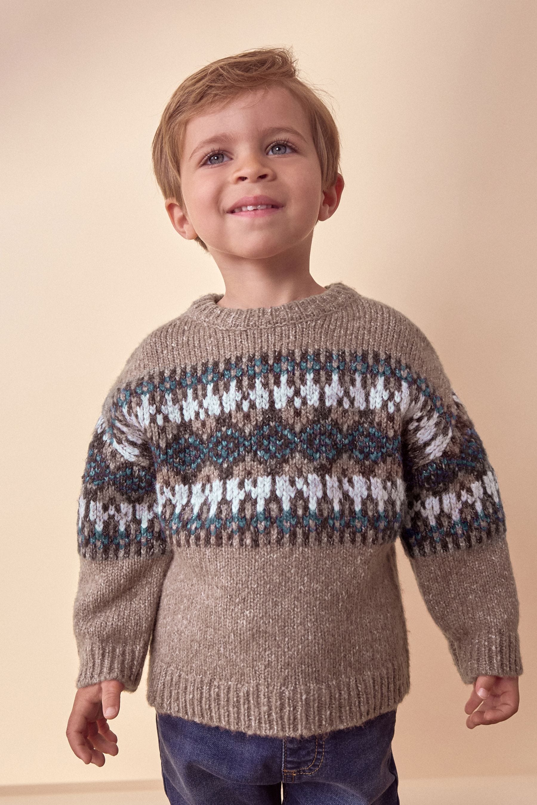 Neutral Fairisle Crew Neck Knitted Jumper (3mths-7yrs)