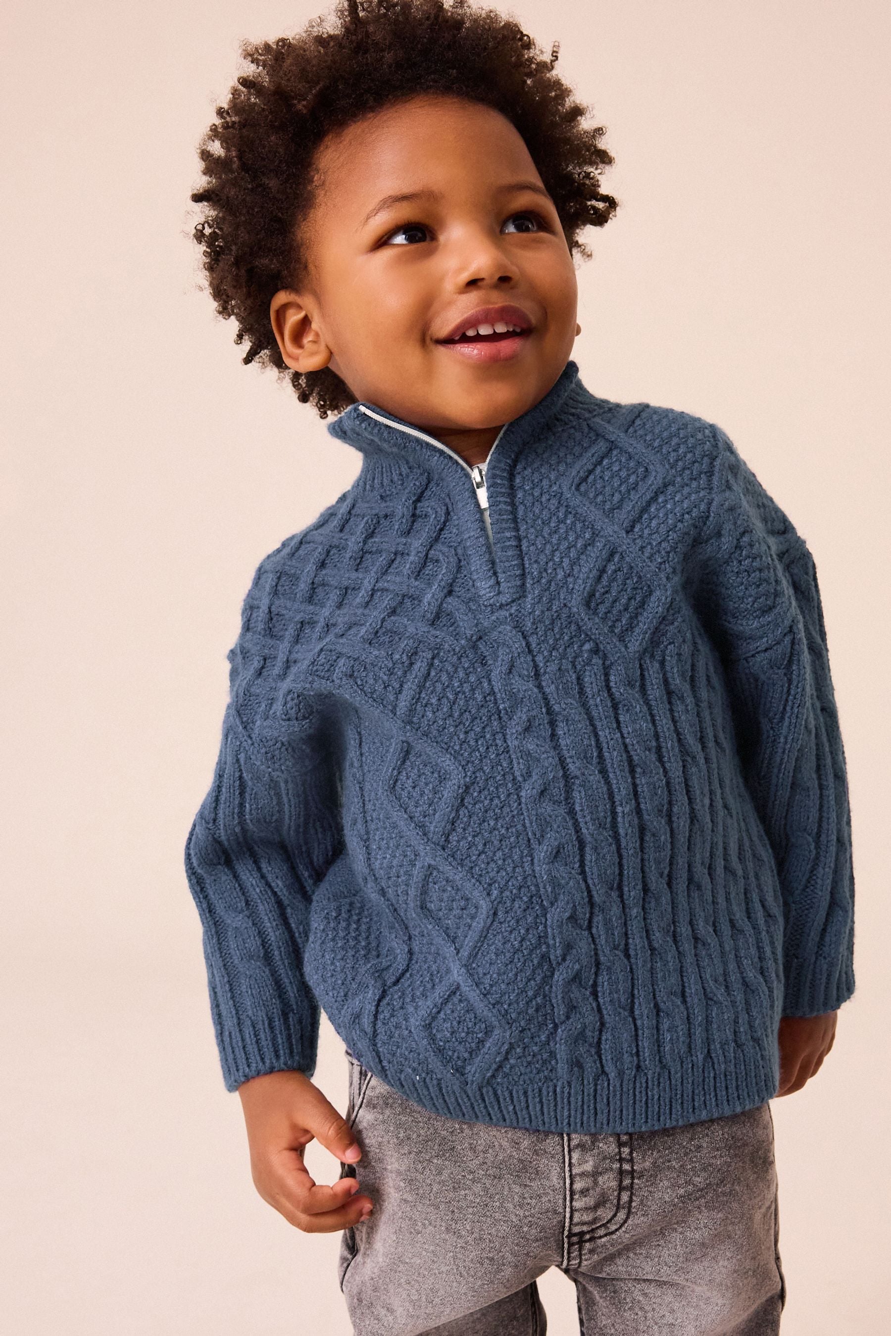 Navy Blue Cable Knit Zip Neck Jumper (3mths-7yrs)