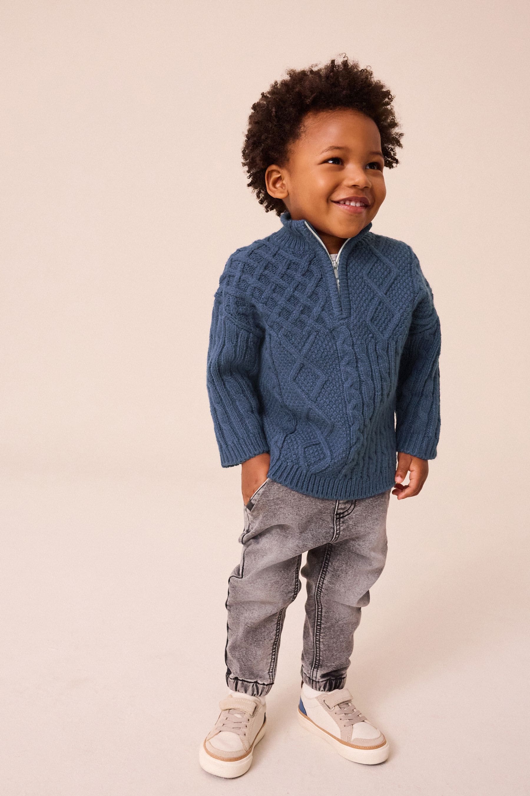 Navy Blue Cable Knit Zip Neck Jumper (3mths-7yrs)