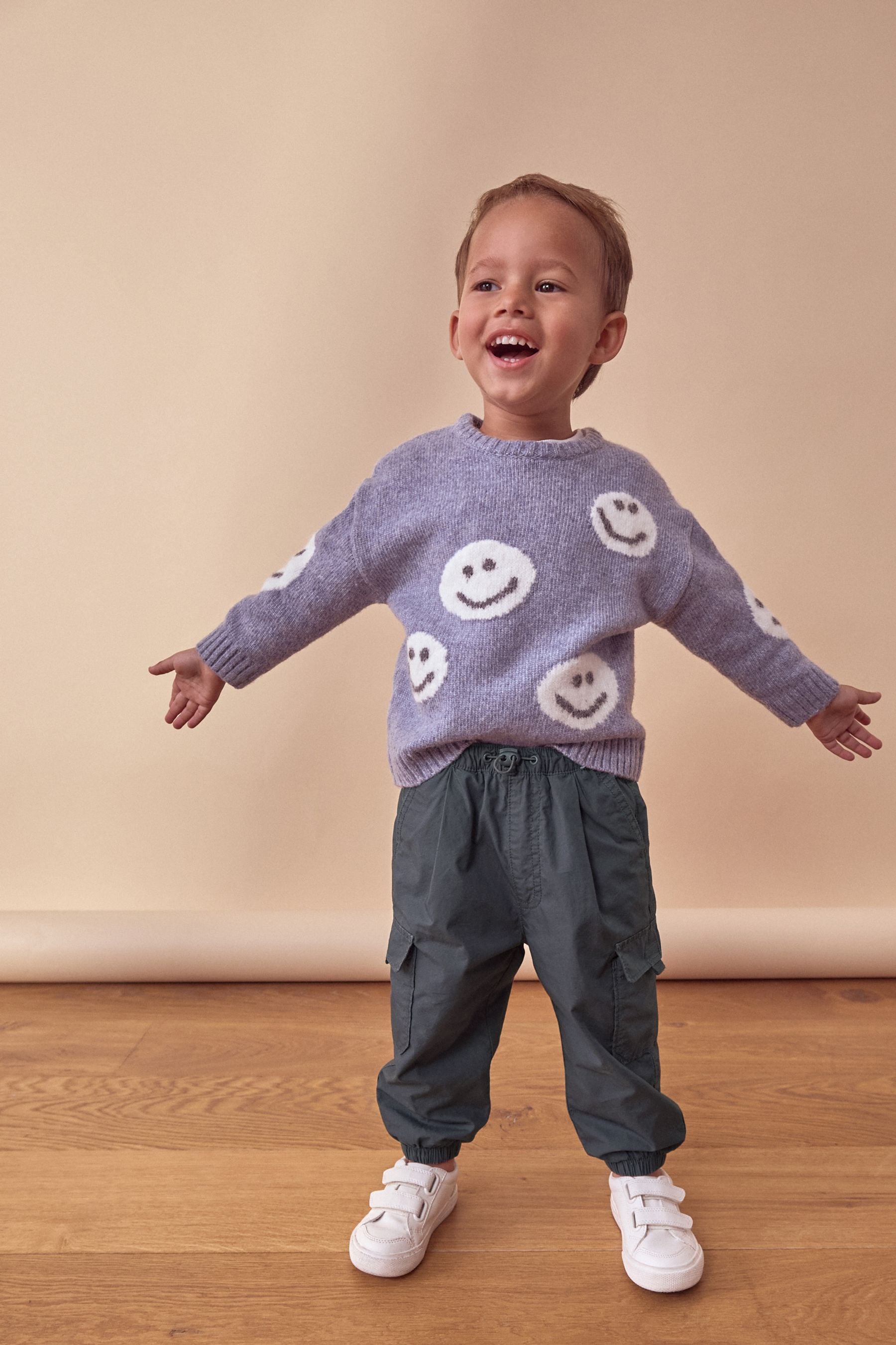 Grey/Blue Happy Faces Crew Neck Jumper (3mths-7yrs)