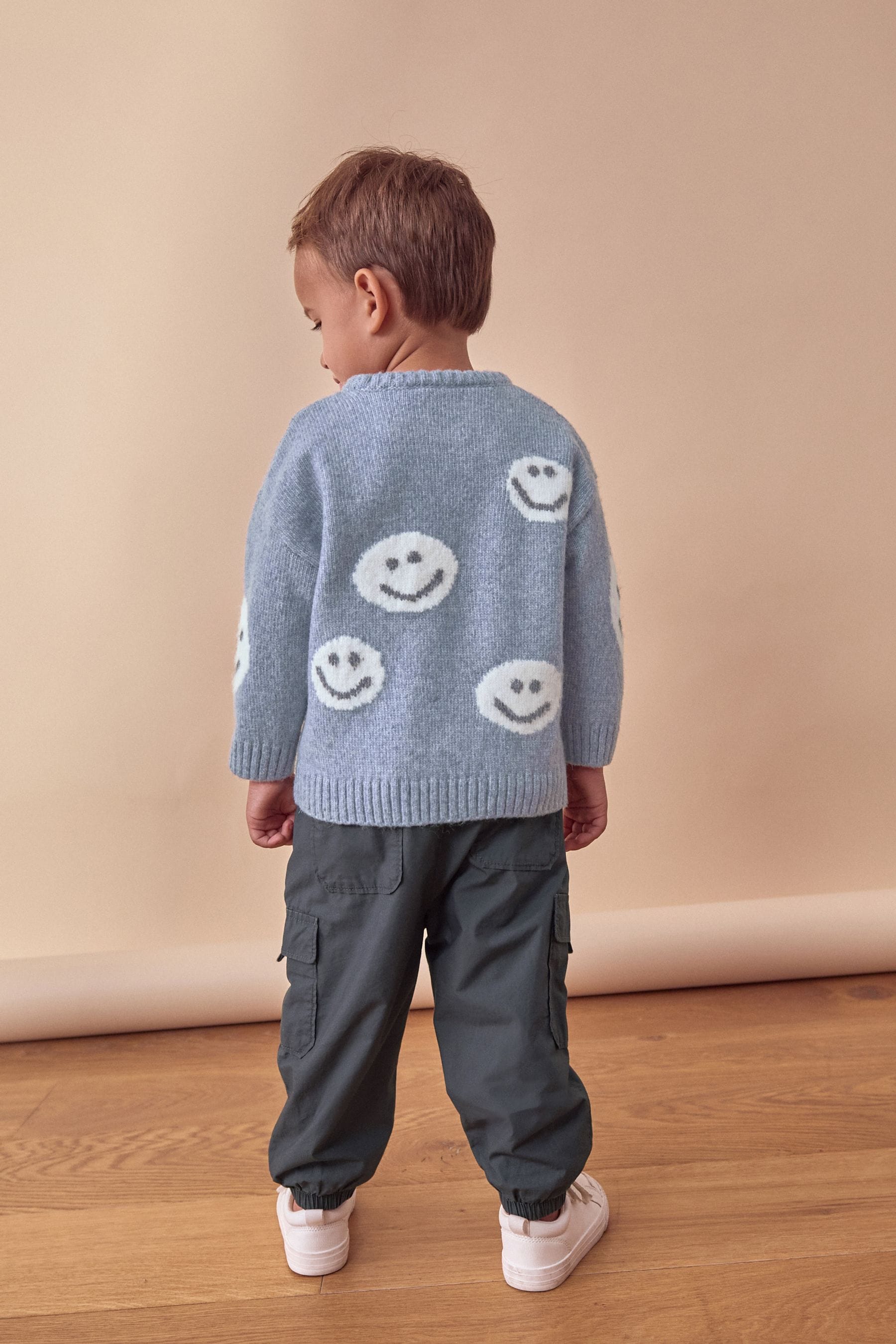 Grey/Blue Happy Faces Crew Neck Jumper (3mths-7yrs)