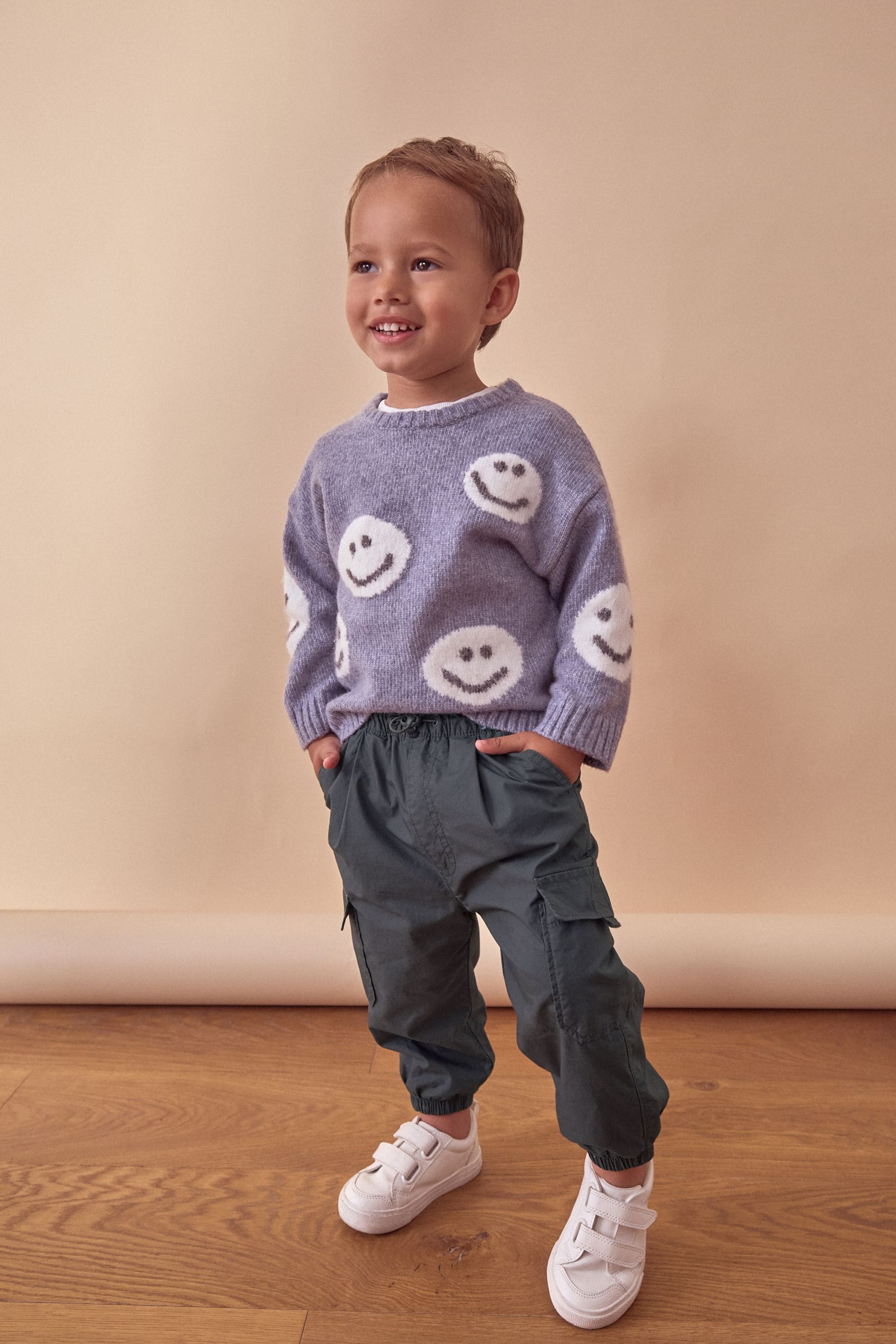 Grey/Blue Happy Faces Crew Neck Jumper (3mths-7yrs)