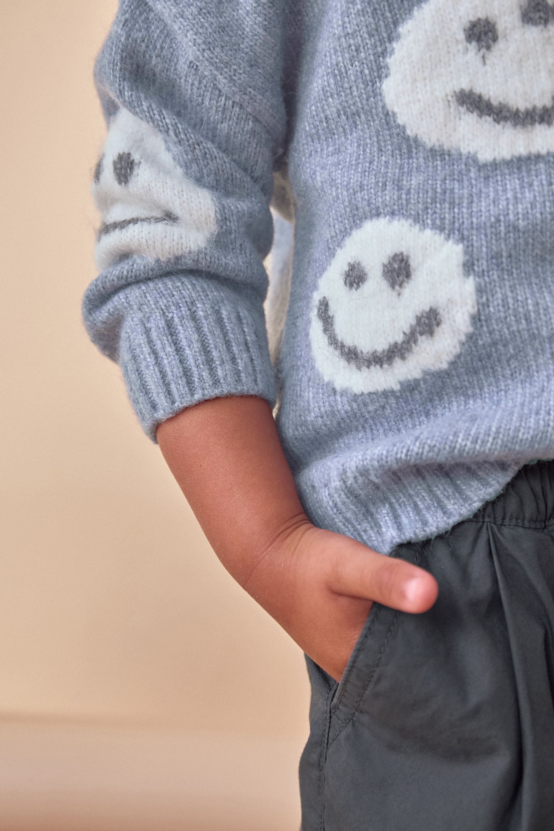 Grey/Blue Happy Faces Crew Neck Jumper (3mths-7yrs)