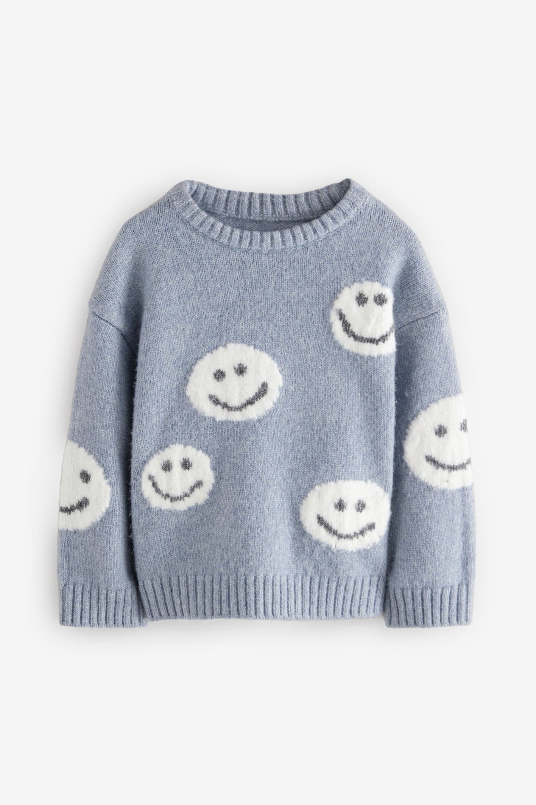 Grey/Blue Happy Faces Crew Neck Jumper (3mths-7yrs)