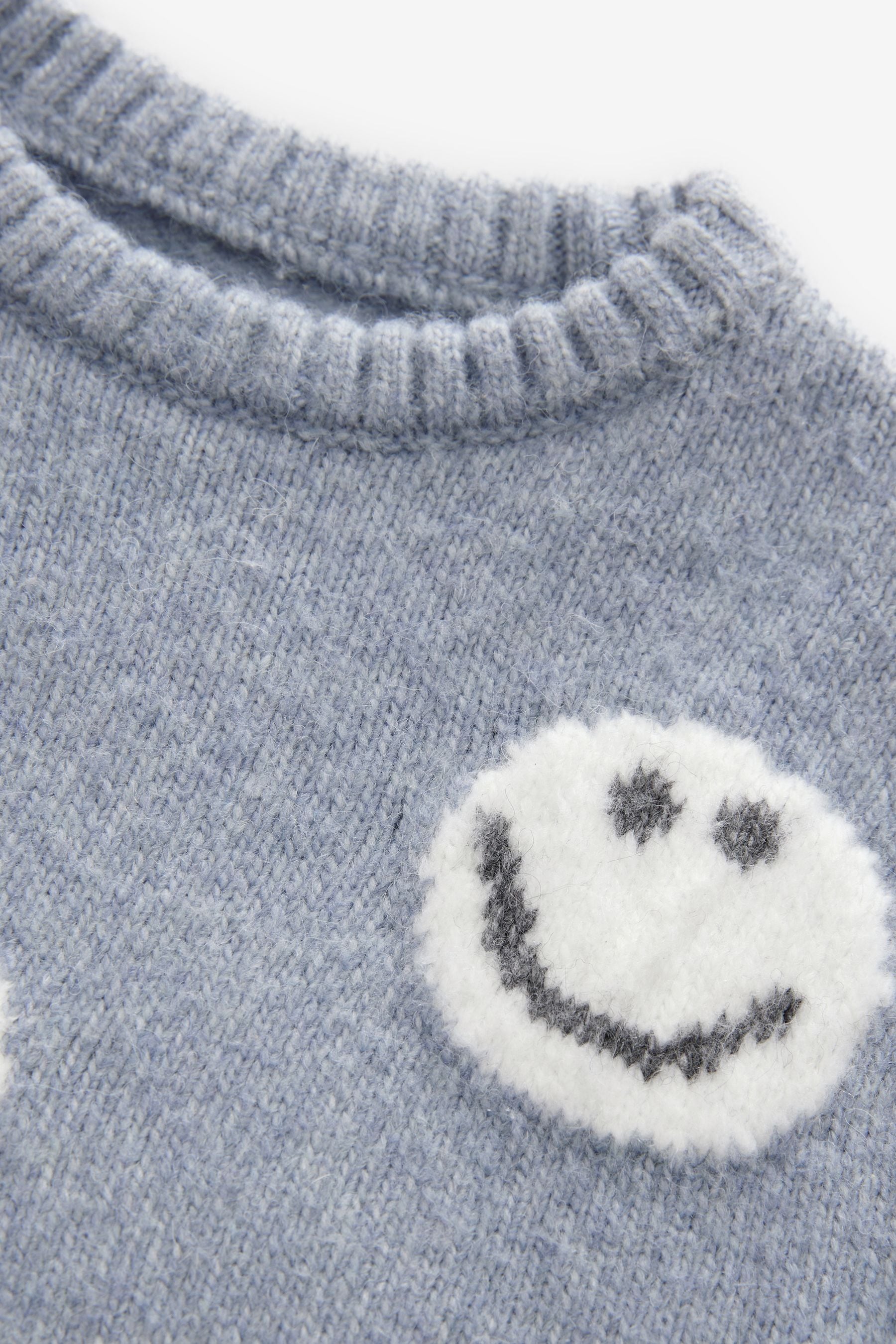 Grey/Blue Happy Faces Crew Neck Jumper (3mths-7yrs)