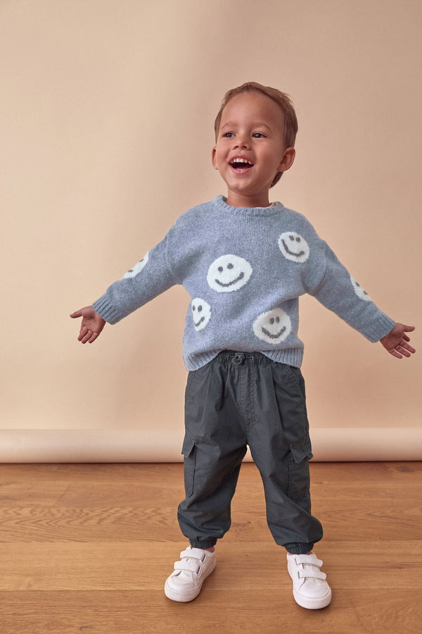 Grey/Blue Happy Faces Crew Neck Jumper (3mths-7yrs)