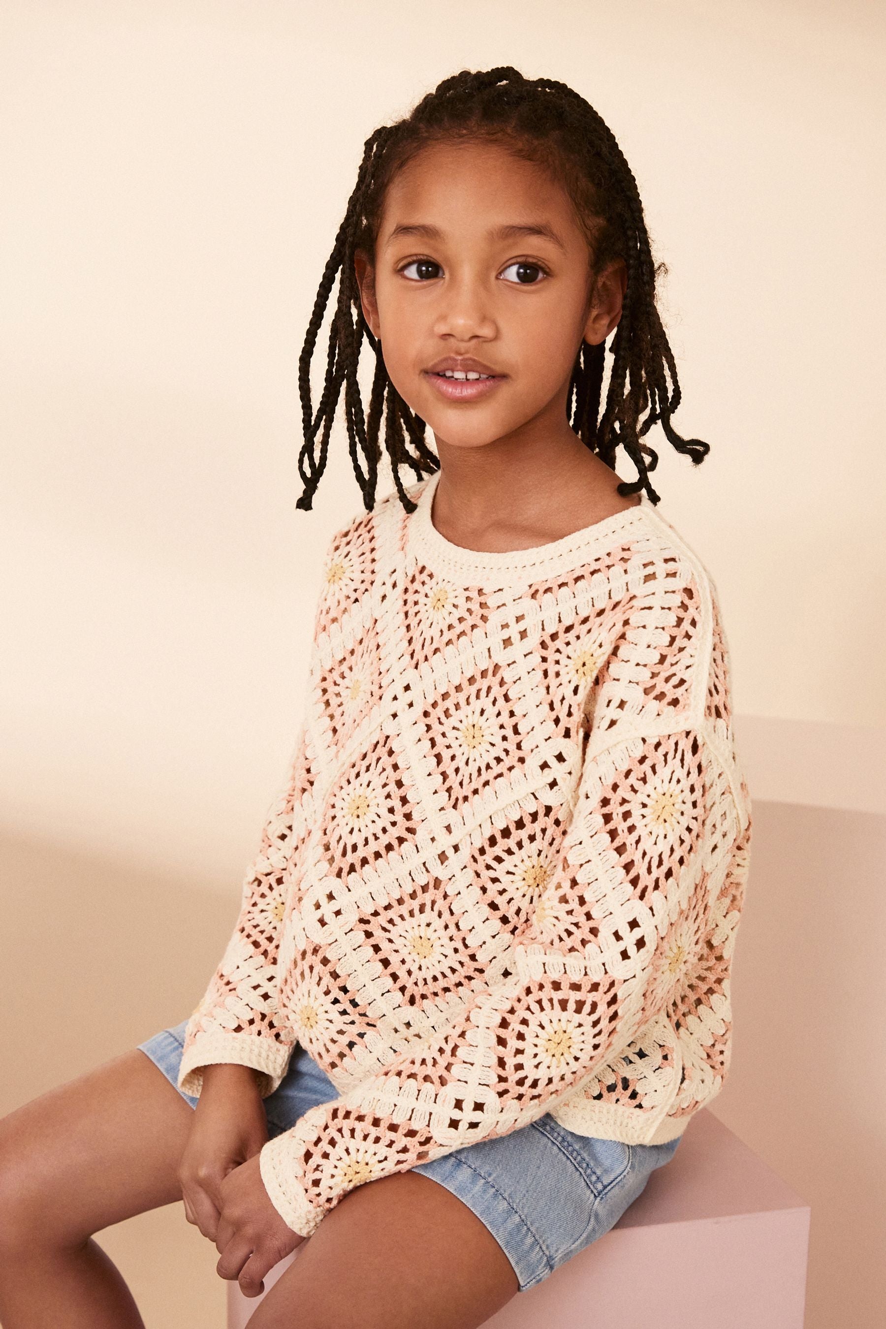 Peach Pink Crochet Jumper (3-16yrs)