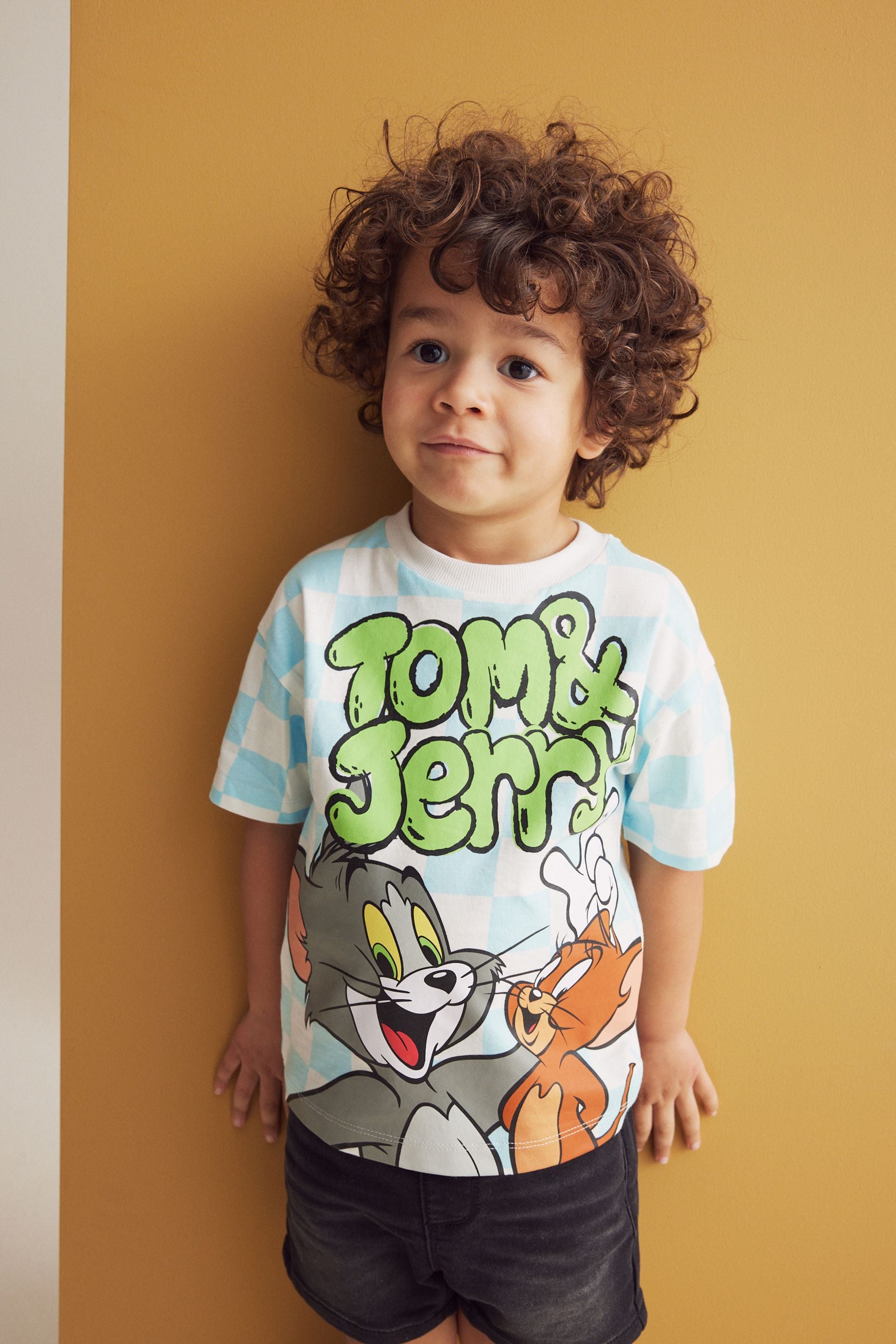 Blue/White Check Tom and Jerry Short Sleeve 100% Cotton T-Shirt (3mths-8yrs)