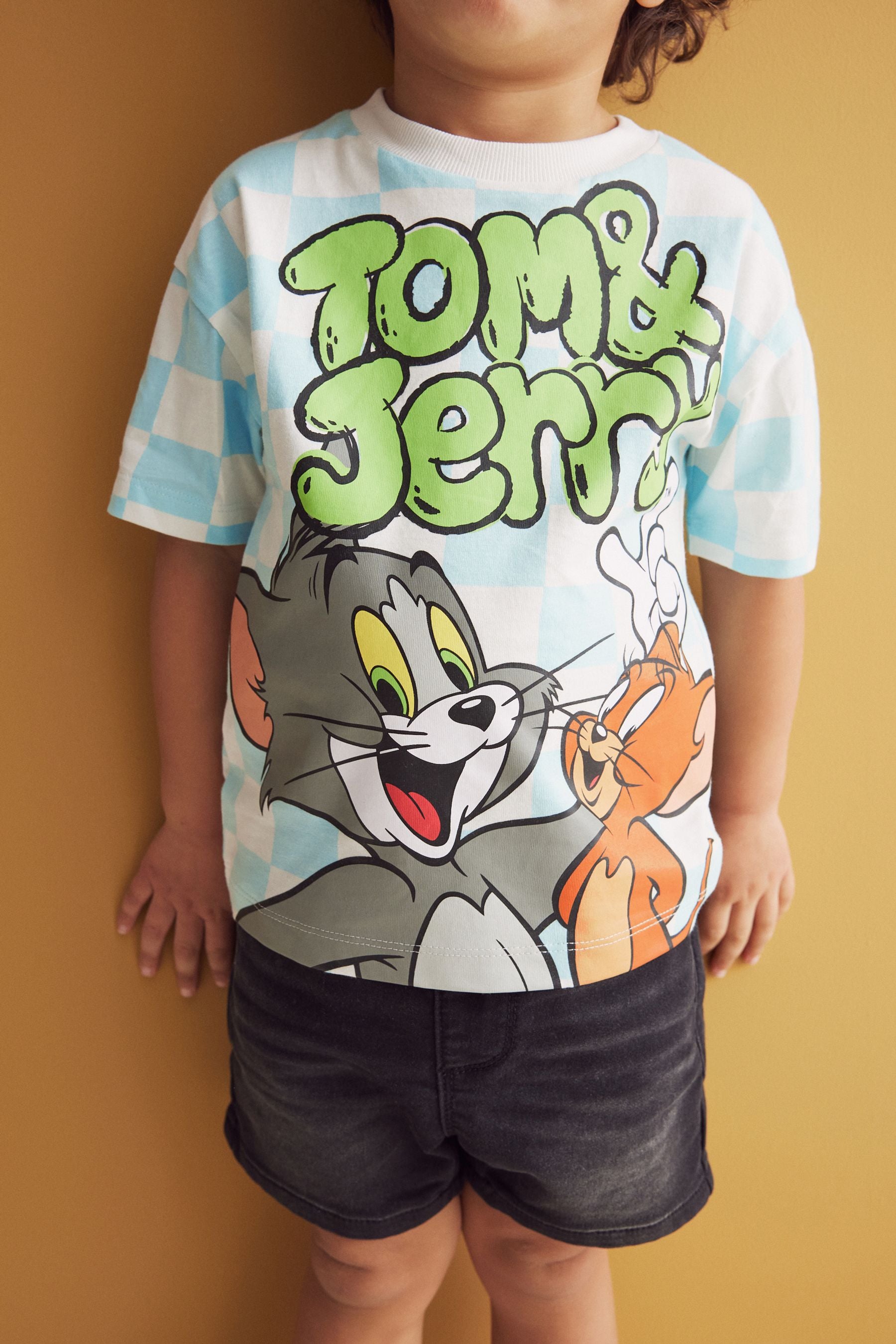 Blue/White Check Tom and Jerry Short Sleeve 100% Cotton T-Shirt (3mths-8yrs)