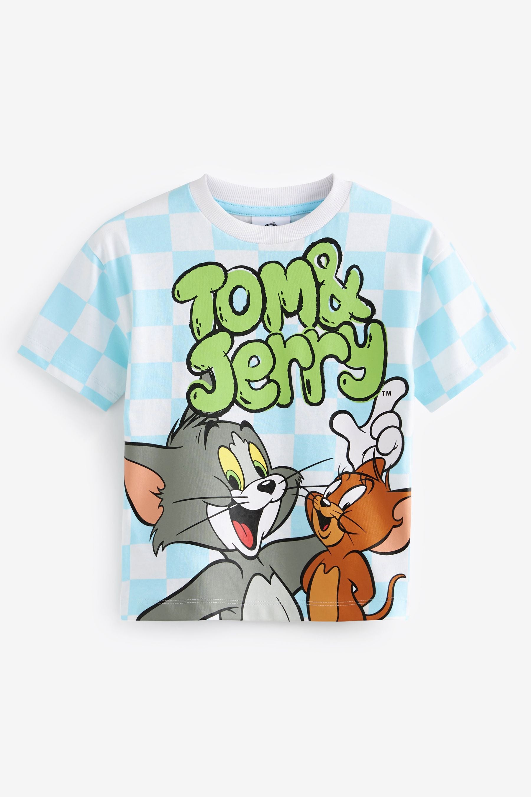 Blue/White Check Tom and Jerry Short Sleeve 100% Cotton T-Shirt (3mths-8yrs)