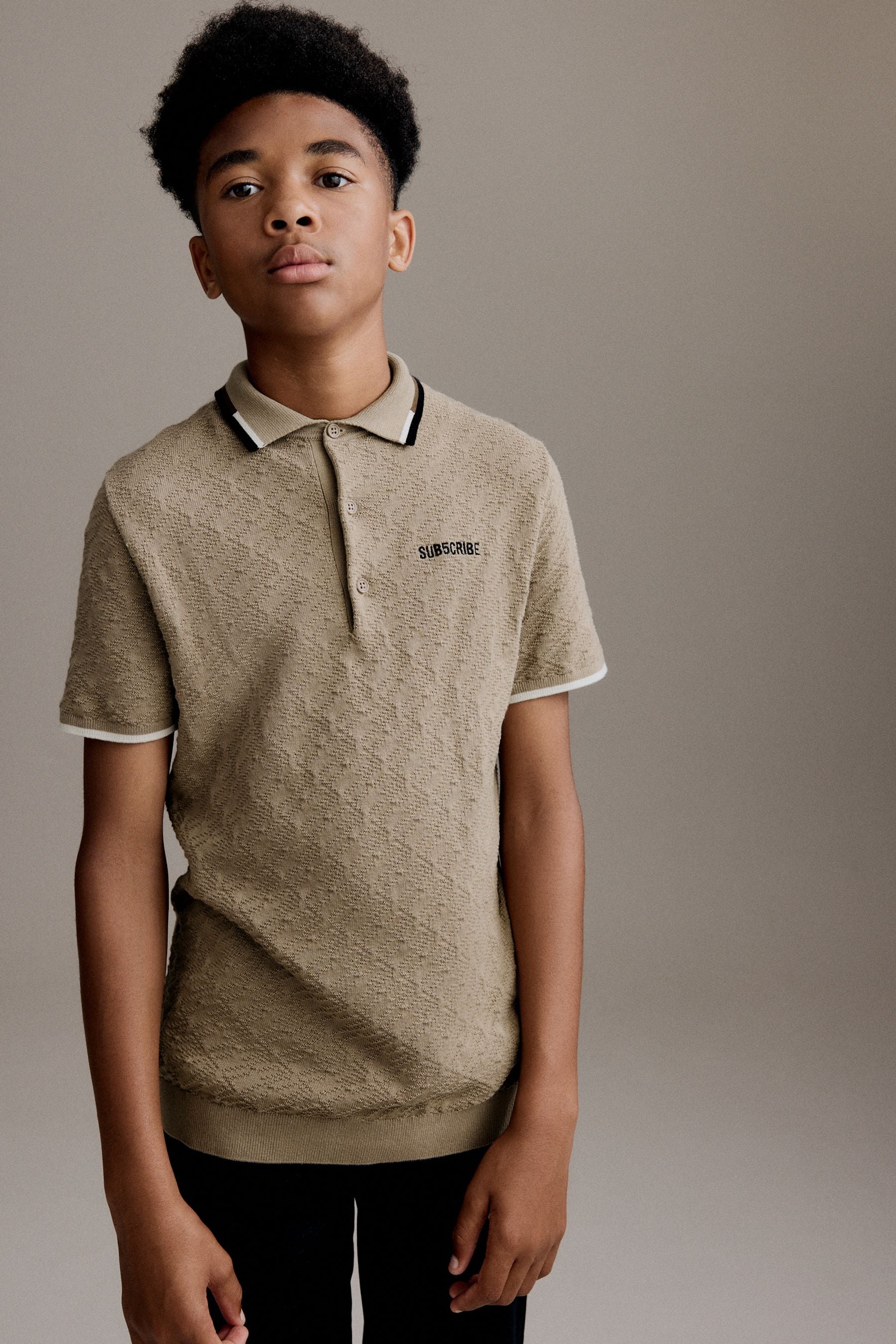 Tan Brown 100% Cotton Textured Knitted Polo Shirt (3-16yrs)