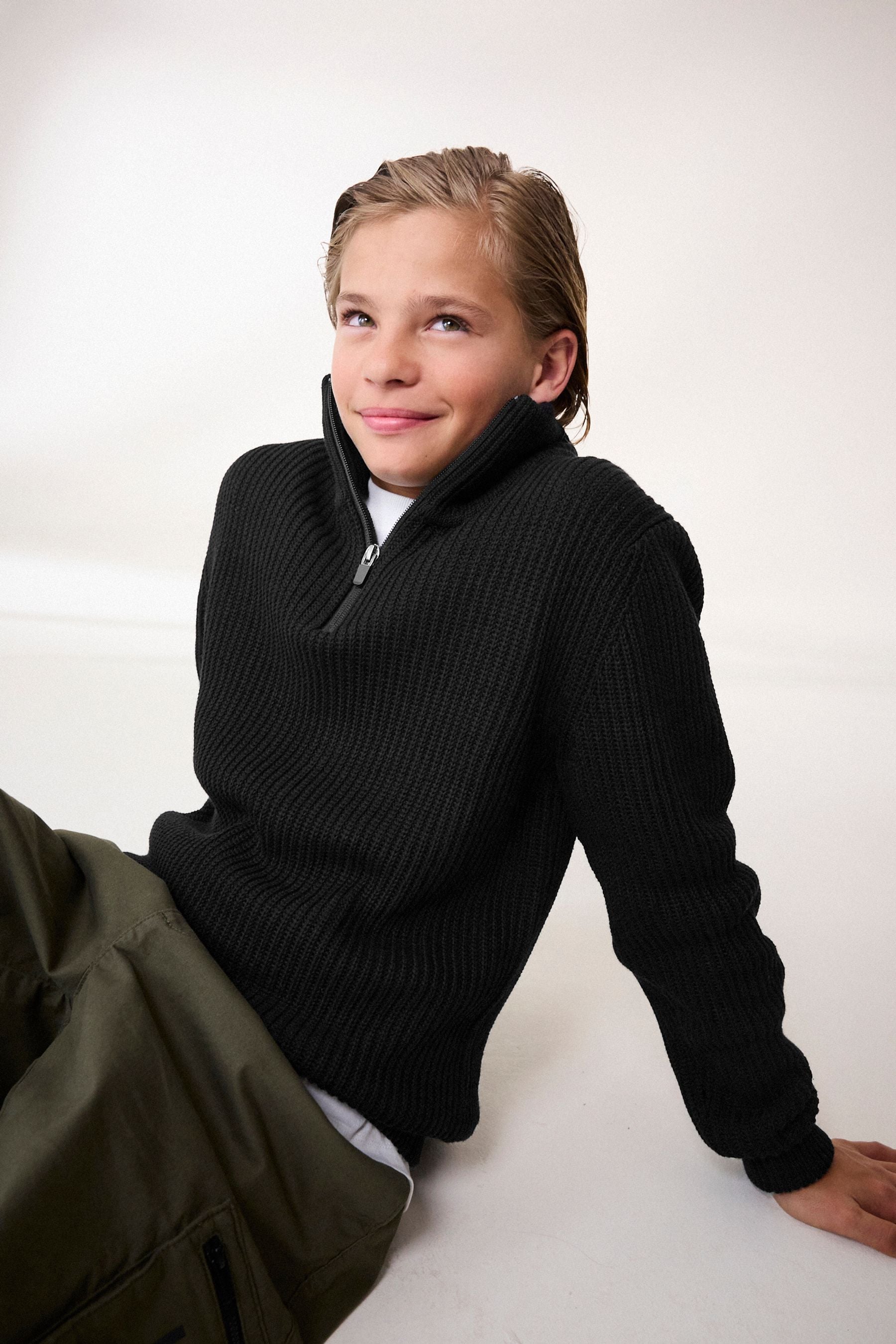 Black Utility Knitted Zip Neck Jumper (3-16yrs)