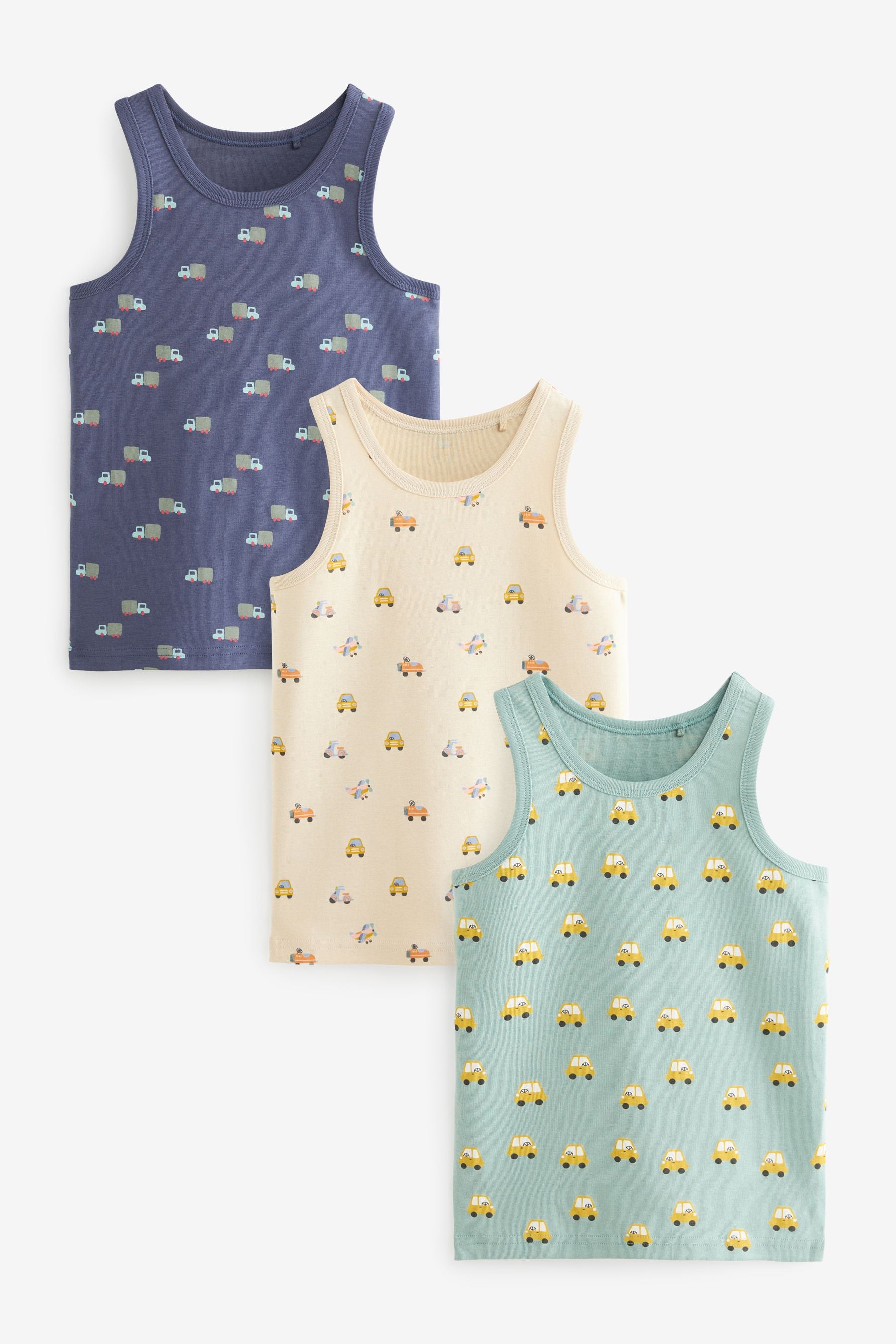 Neutral Cars 100% Cotton Printed Vests 3 Pack (1.5-8yrs)