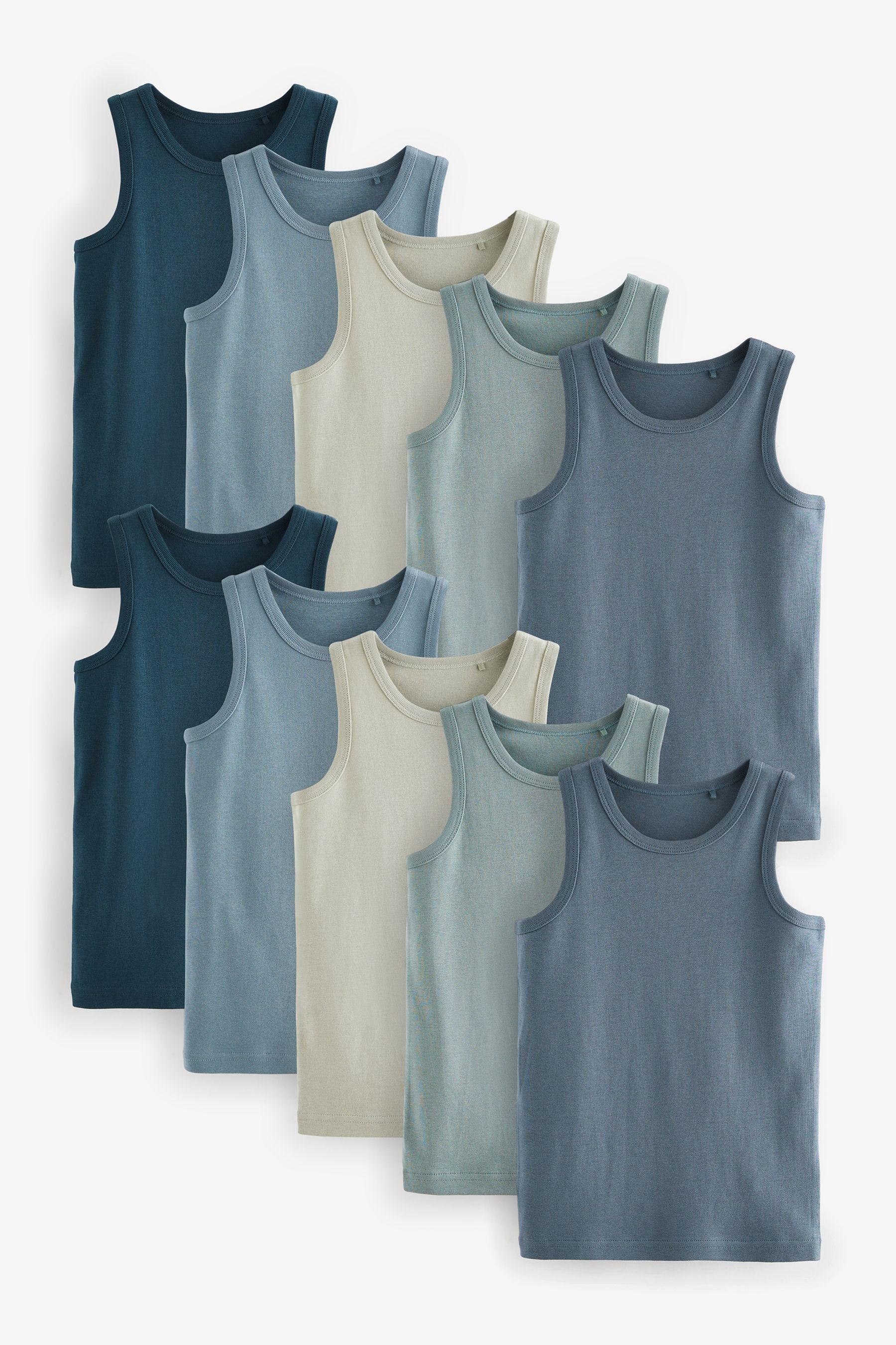 Tonal Blue 100% Cotton Vests 10 Pack (1.5-16yrs)