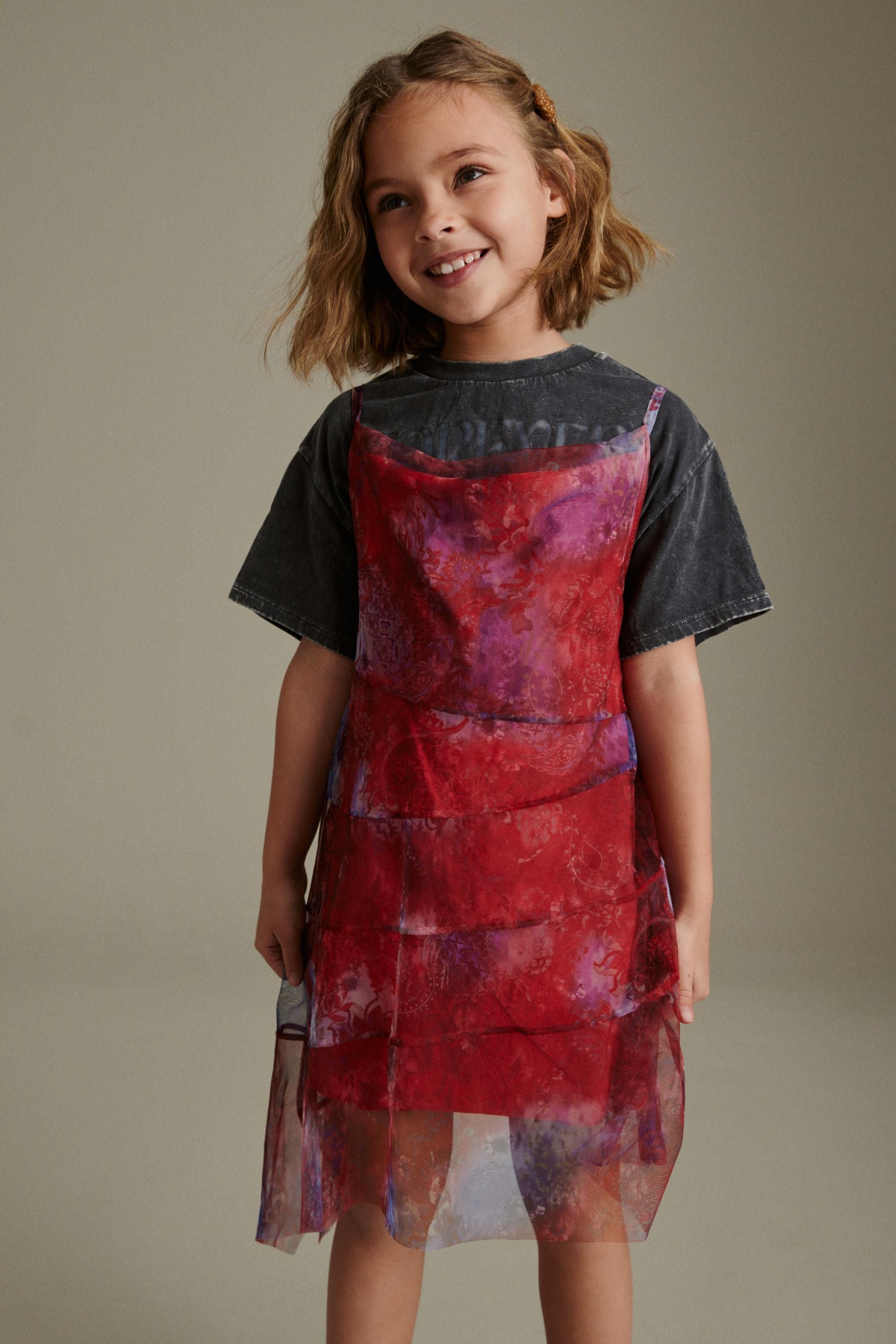 Red/ Blue Floral Print 2-in-1 Mesh Dress And T-Shirt Set (3-16yrs)