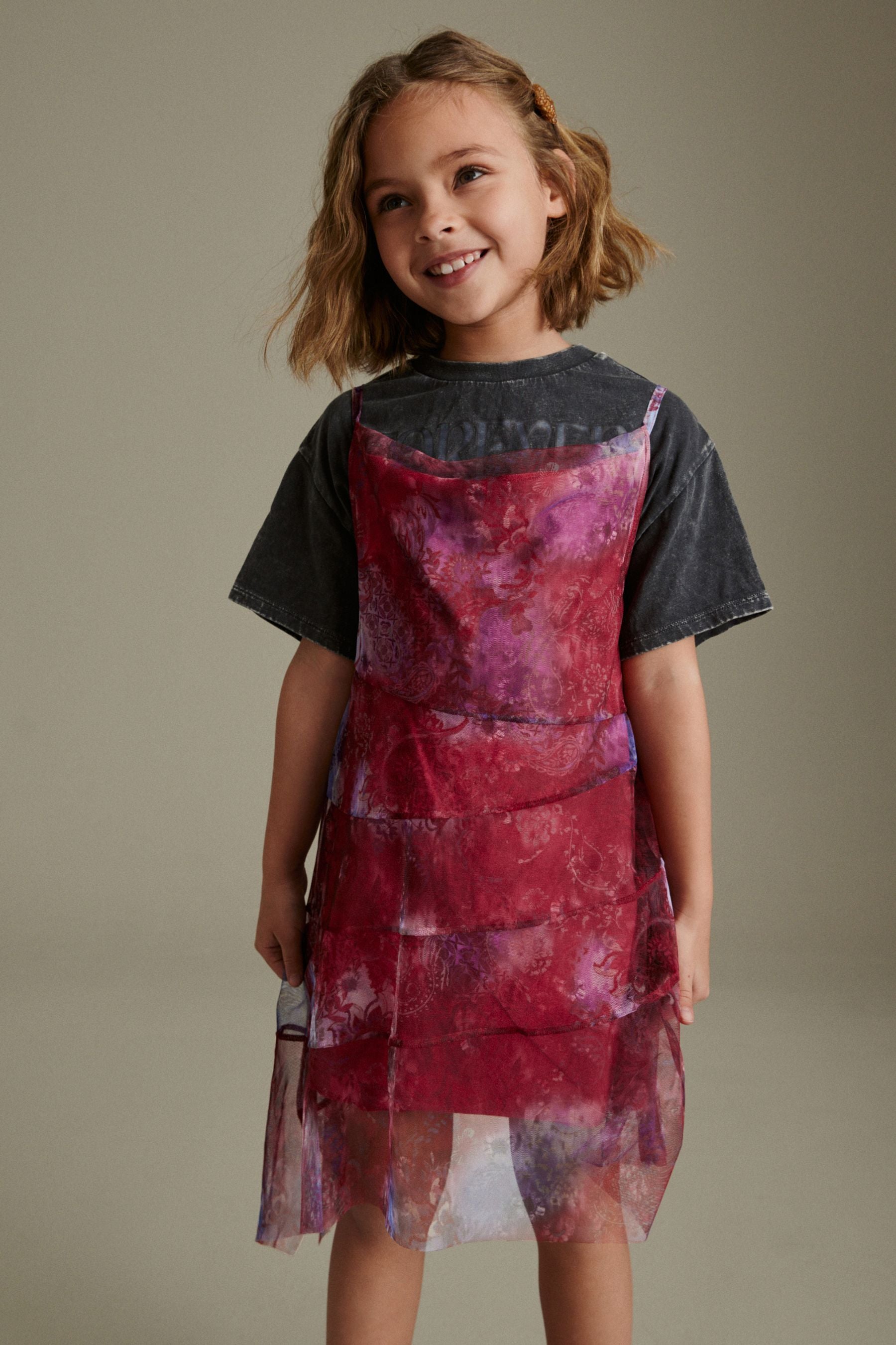 Red/ Blue Floral Print 2-in-1 Mesh Dress And T-Shirt Set (3-16yrs)