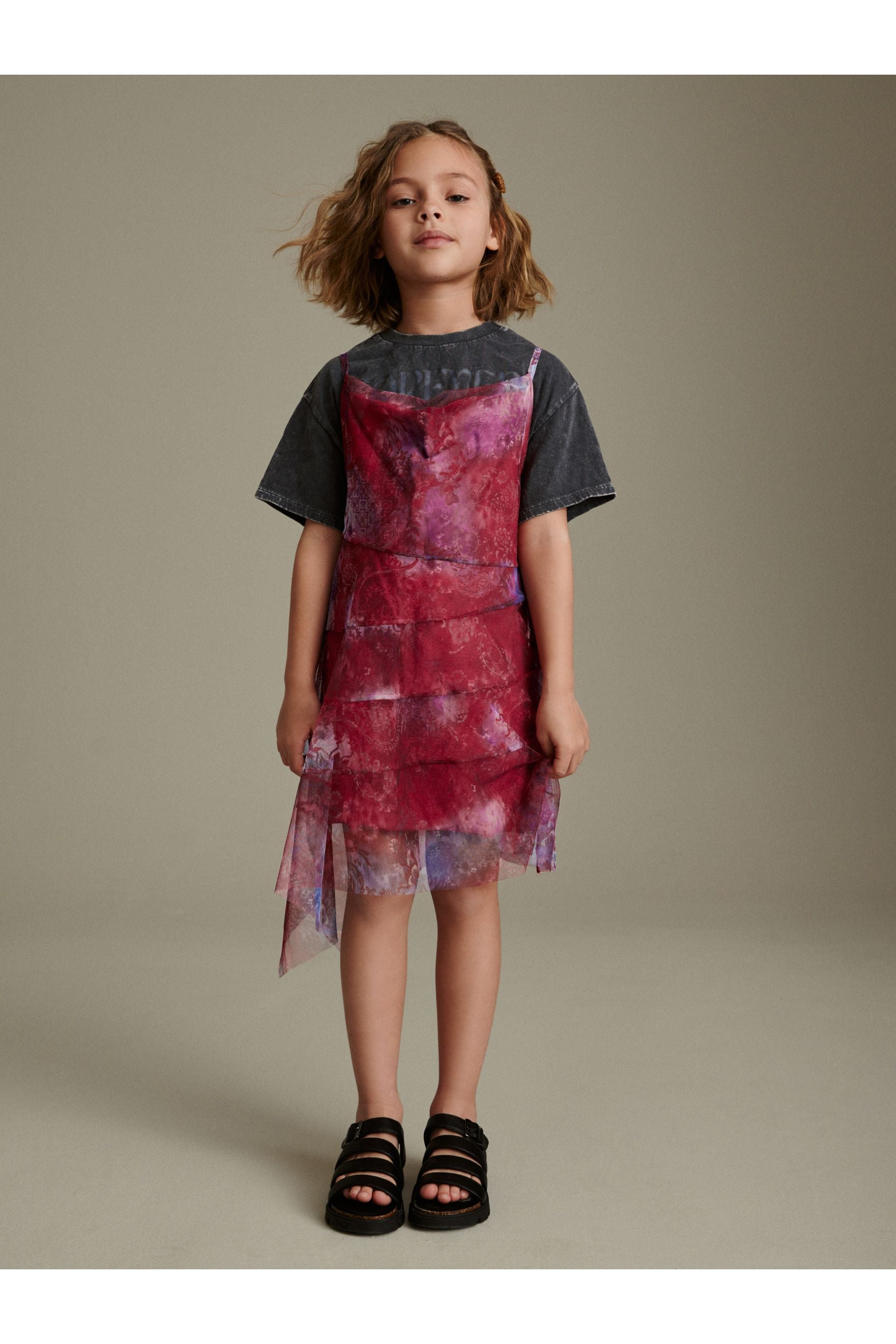 Red/ Blue Floral Print 2-in-1 Mesh Dress And T-Shirt Set (3-16yrs)