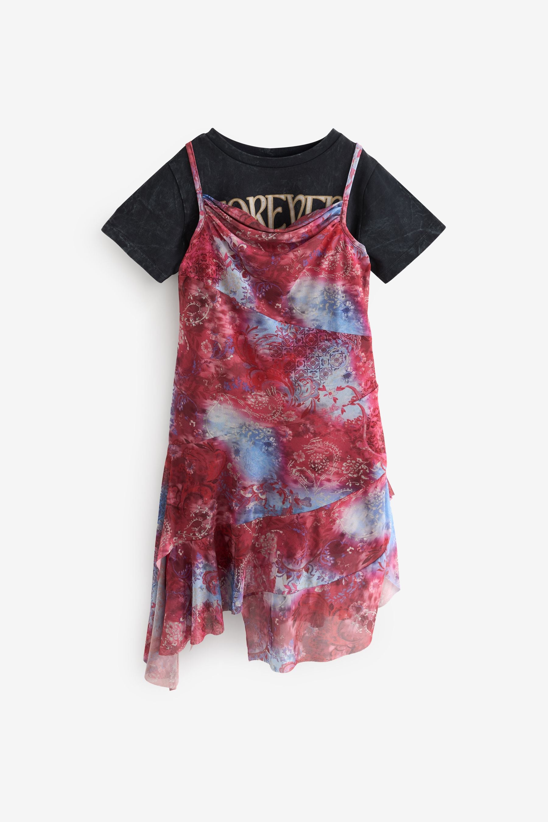 Red/ Blue Floral Print 2-in-1 Mesh Dress And T-Shirt Set (3-16yrs)