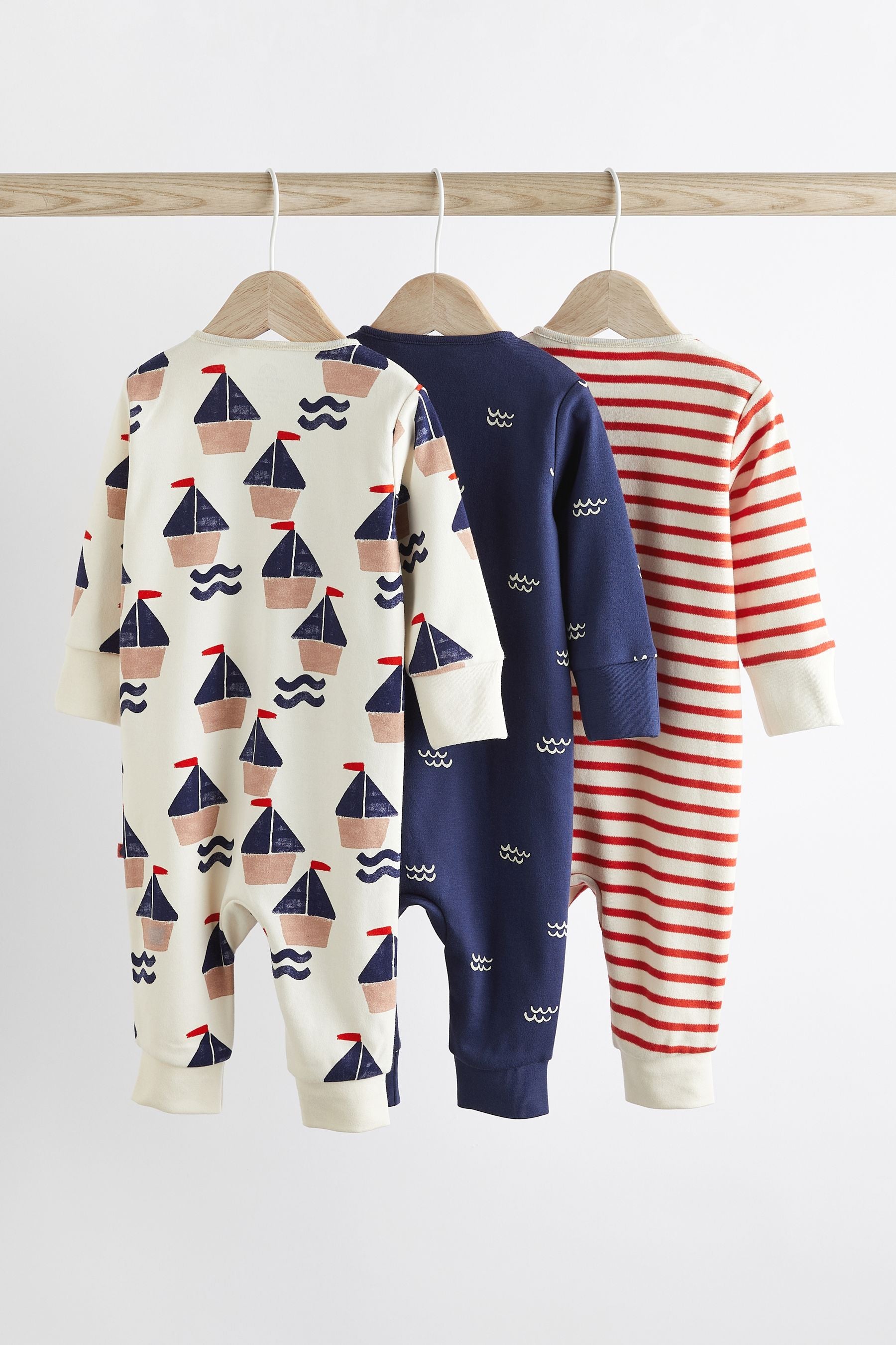 Red/Navy Nautical Baby Footless Sleepsuit With Zip 3 Pack (0-3yrs)