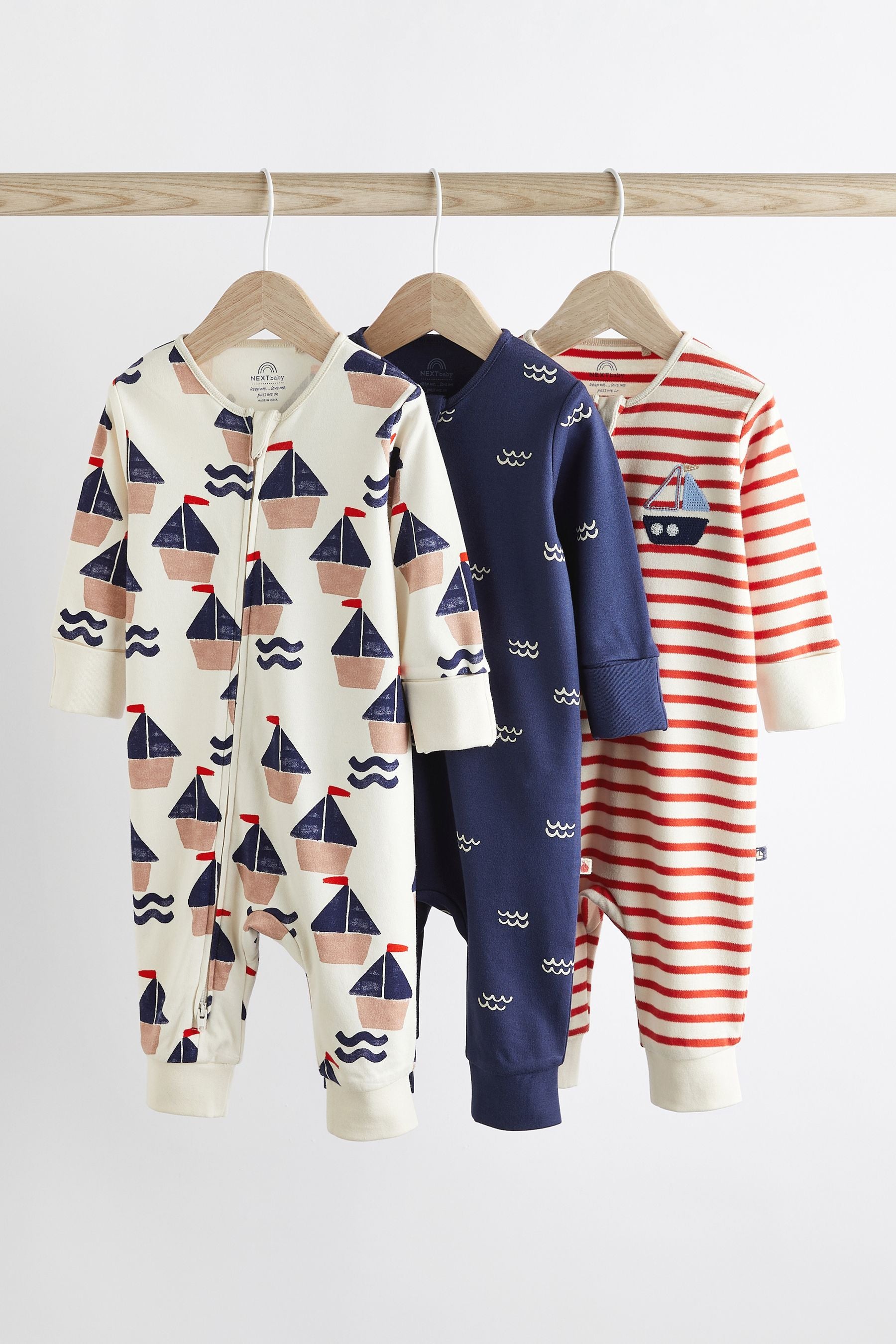 Red/Navy Nautical Baby 100% Cotton Footless Sleepsuits 3 Pack With Zip (0-2yrs)