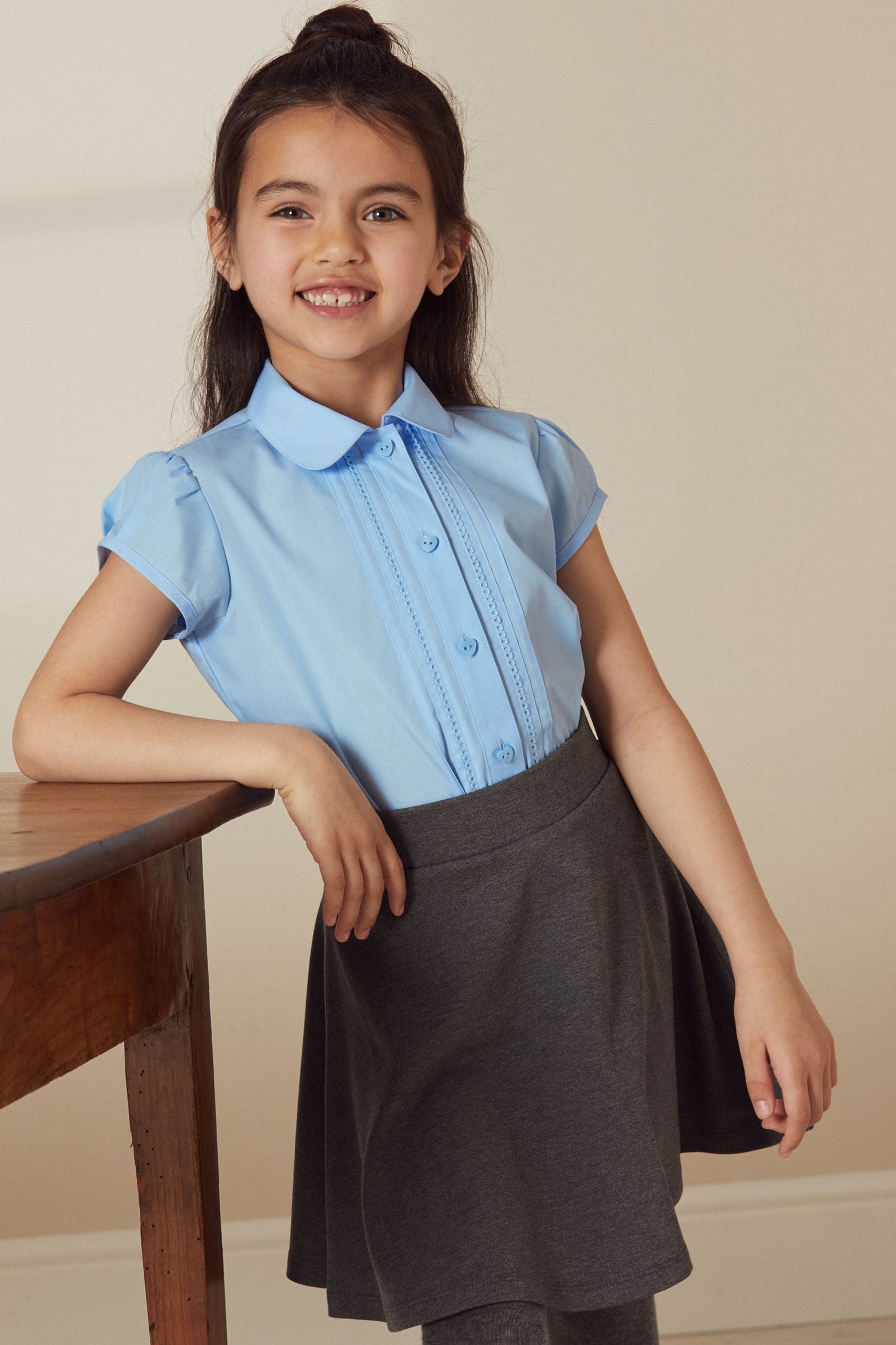 Blue Regular Fit Puff Sleeve Lace Trim School Blouse (3-14yrs)