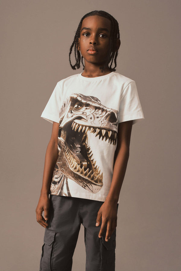 White Dino Robot Short Sleeve Graphic 100% Cotton T-Shirt (3-16yrs)