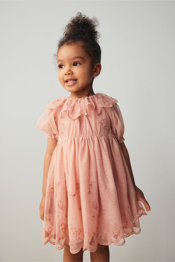 Pink Embroidered Mesh Party Dress (3mths-8yrs)