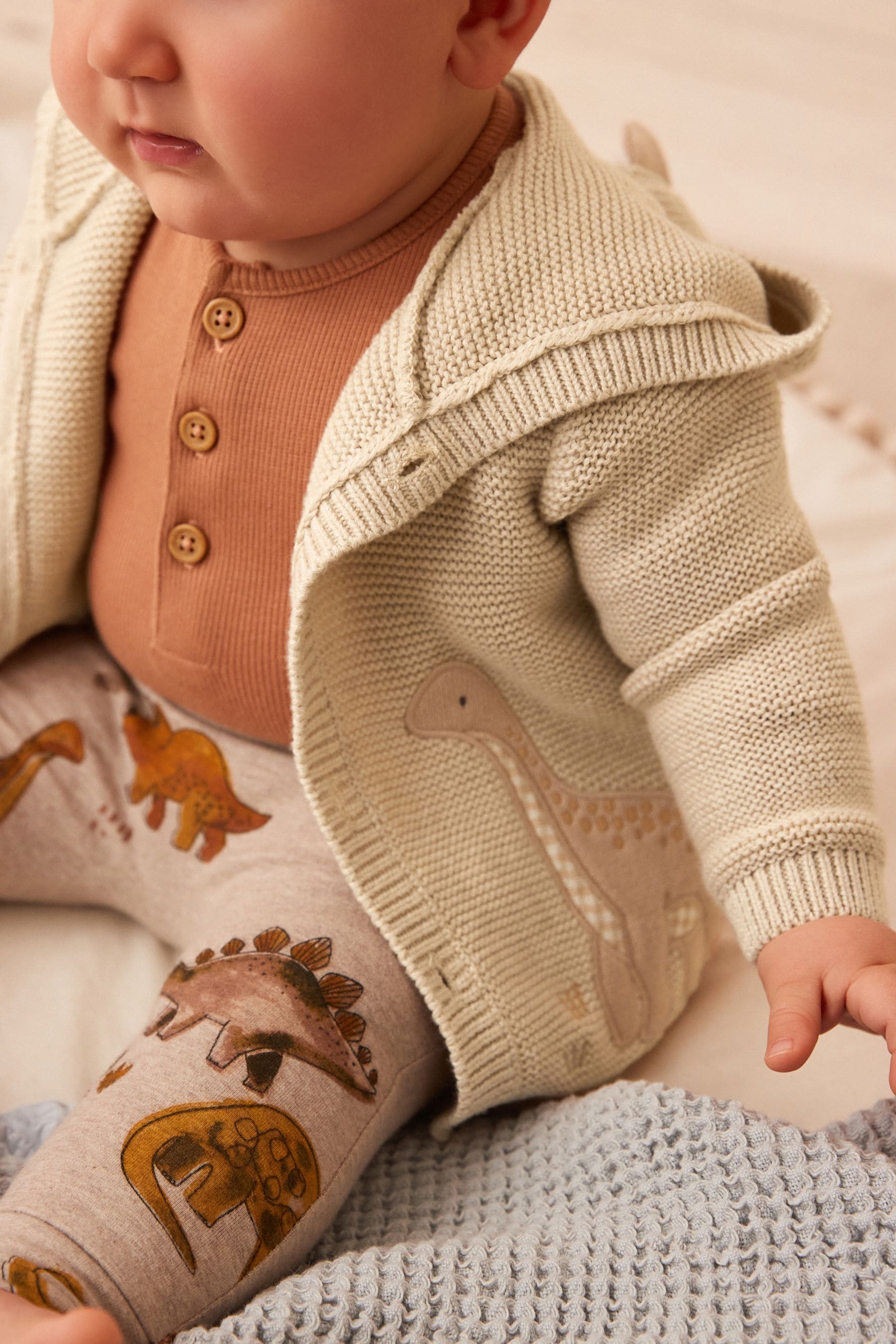 Cream Dinosaur Baby Knitted 100% Cotton Hooded Cardigan (0mths-2yrs)