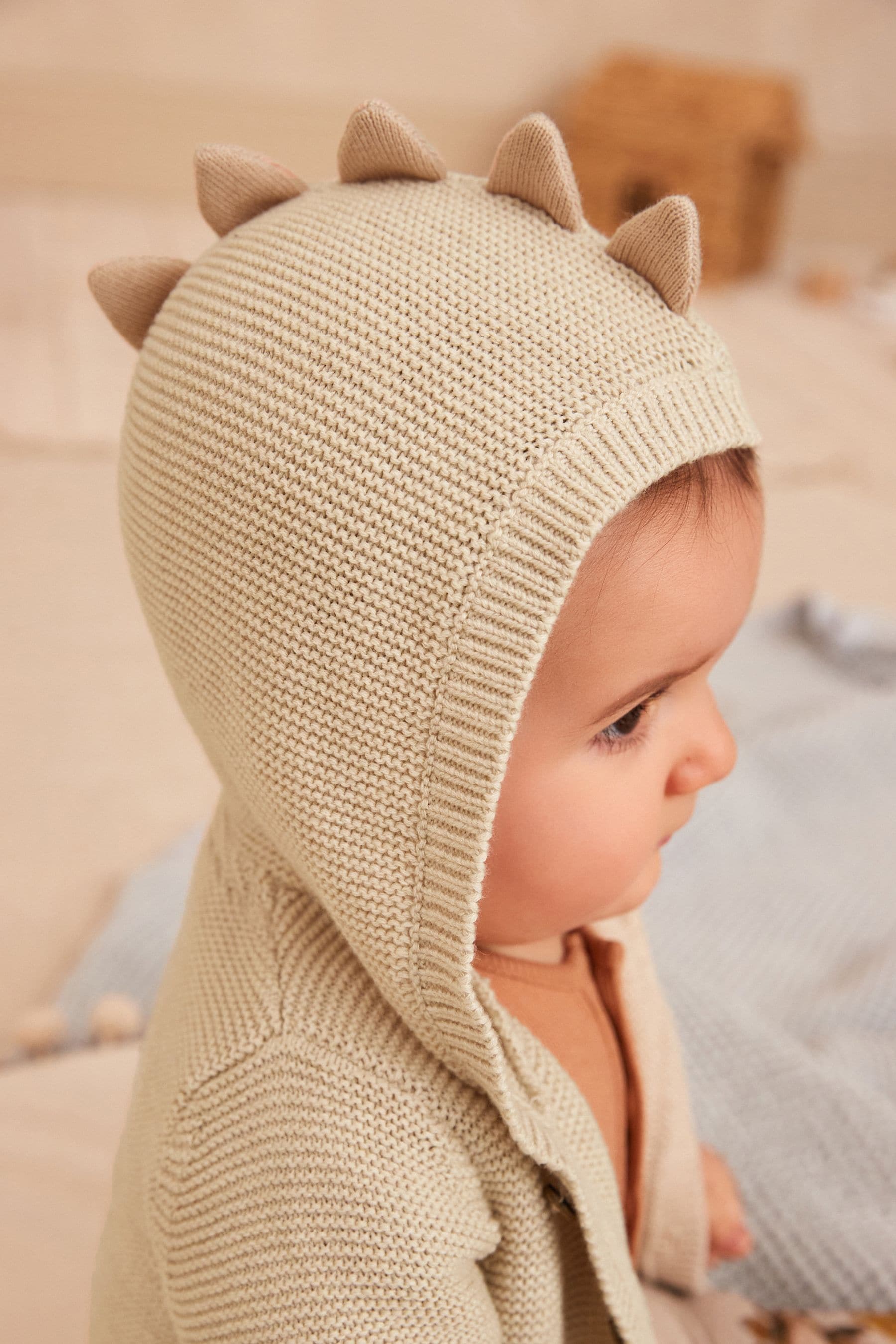 Cream Dinosaur Baby Knitted 100% Cotton Hooded Cardigan (0mths-2yrs)