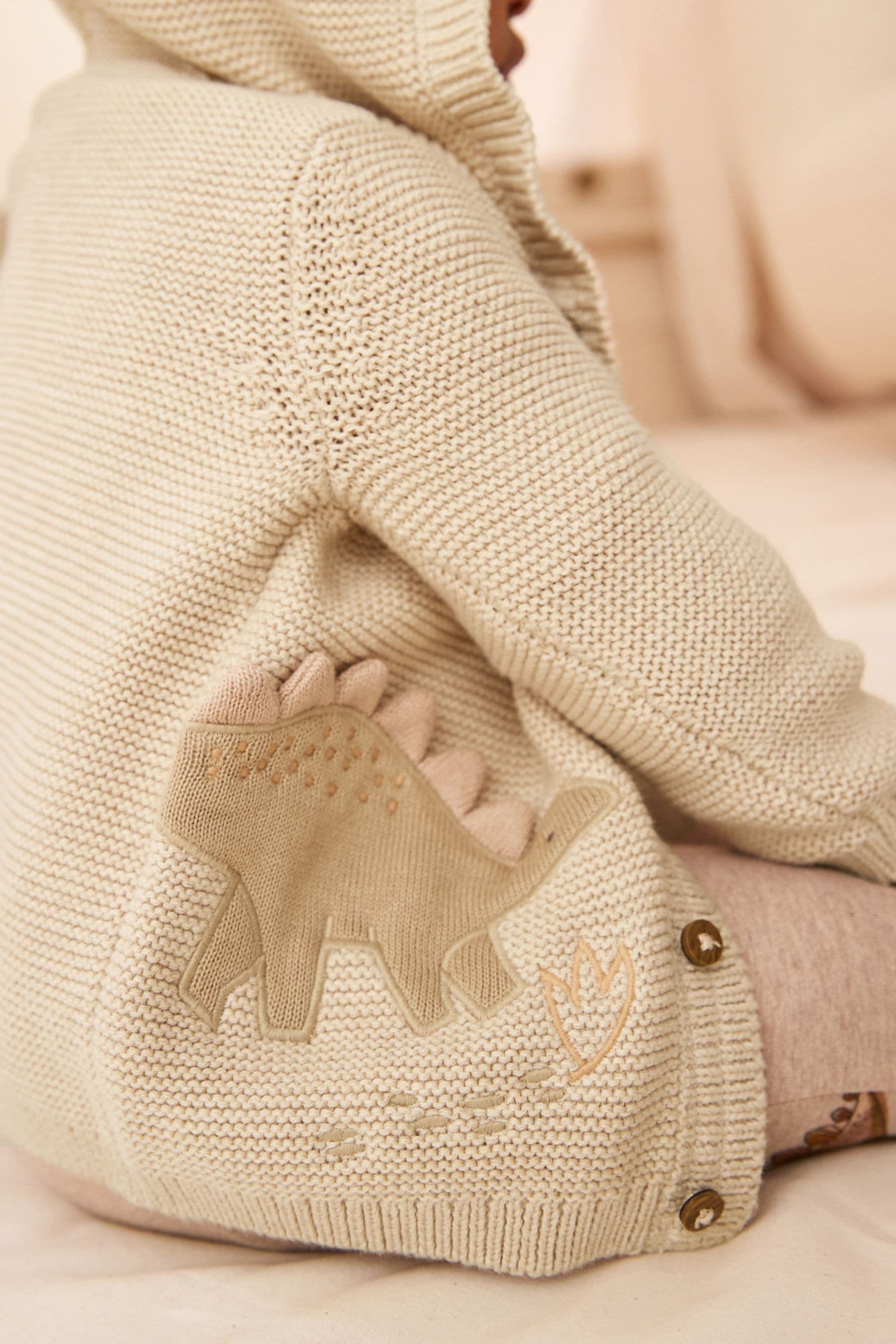 Cream Dinosaur Baby Knitted 100% Cotton Hooded Cardigan (0mths-2yrs)