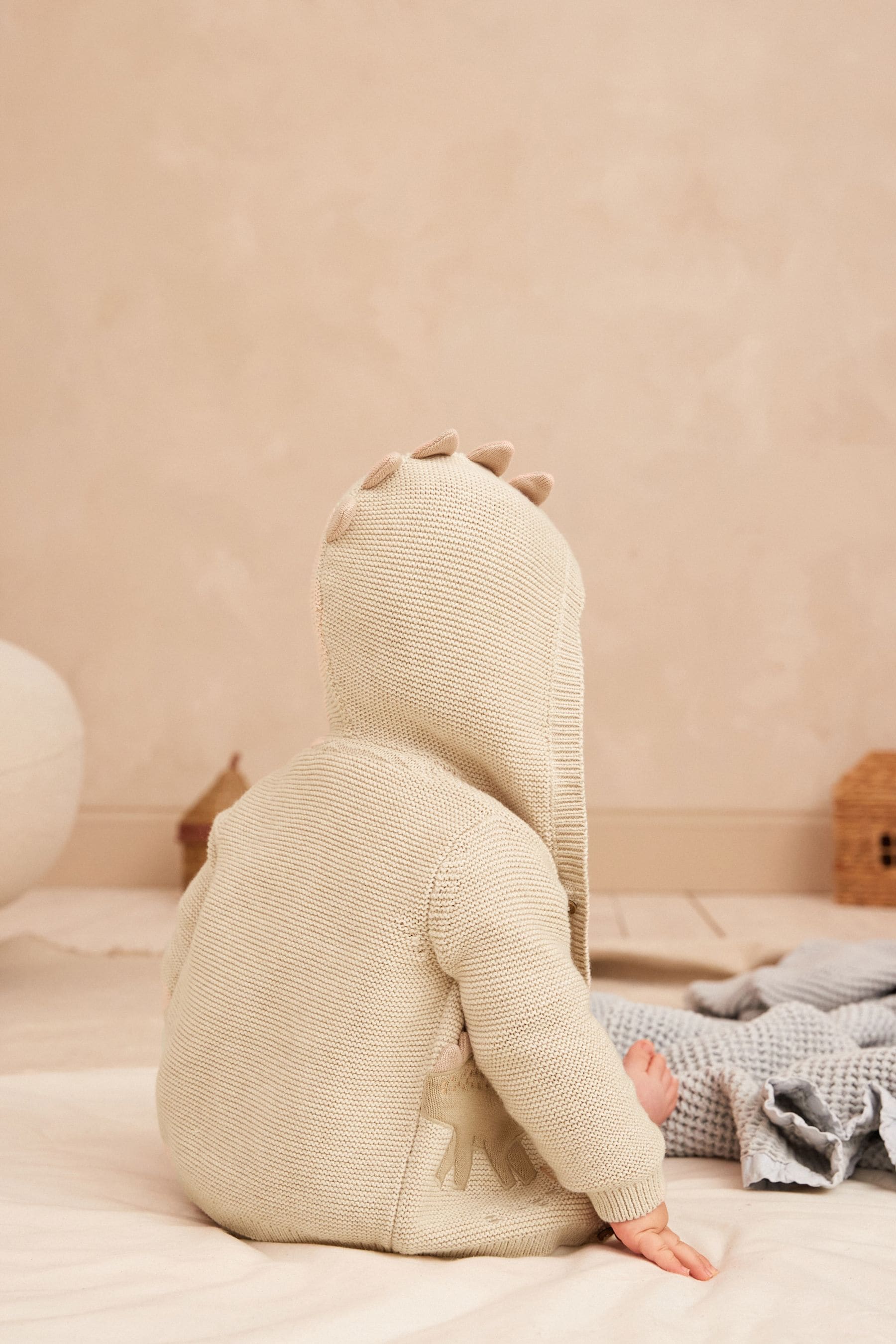 Cream Dinosaur Baby Knitted 100% Cotton Hooded Cardigan (0mths-2yrs)