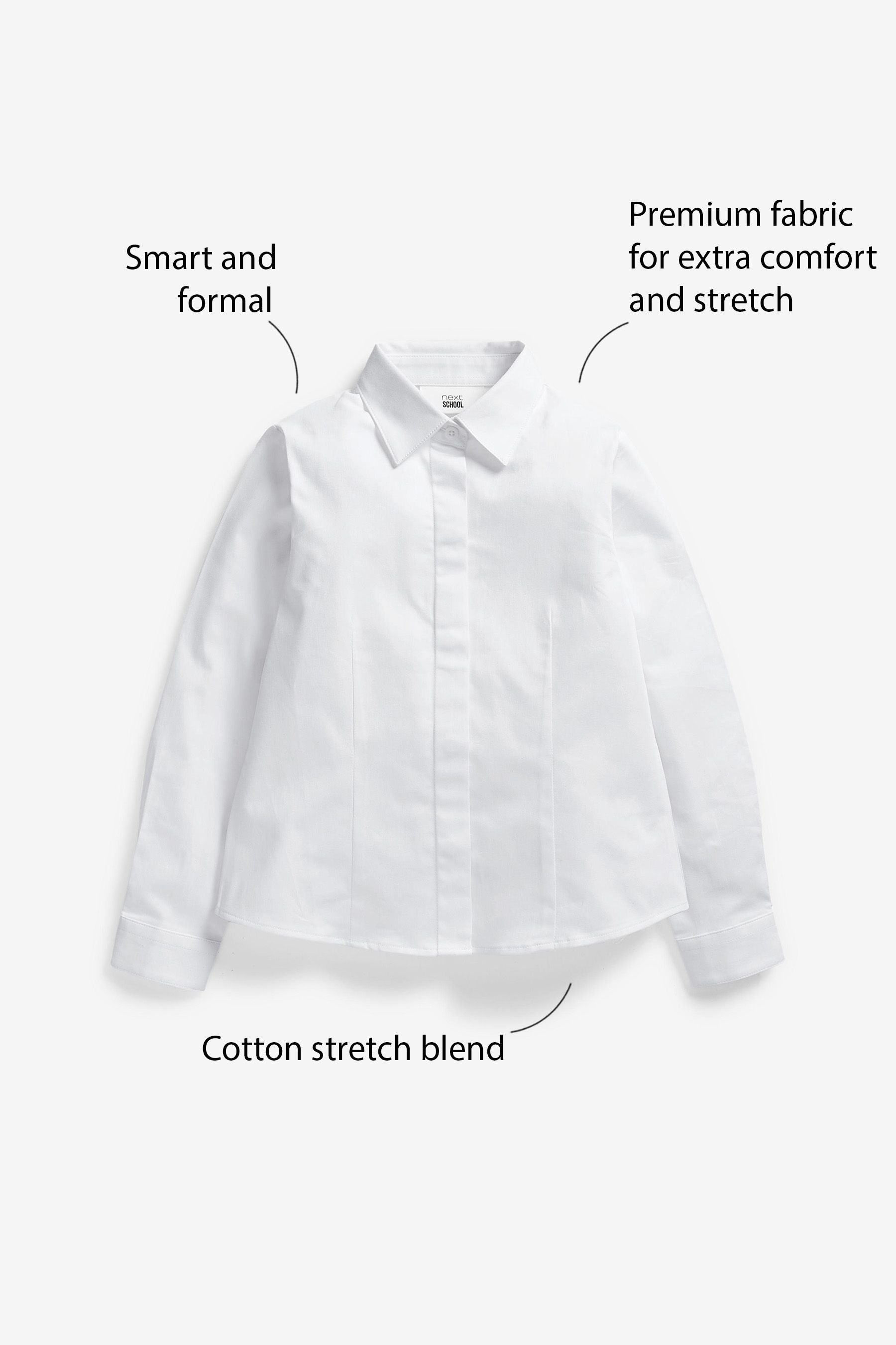 White 2 Pack Fitted Long Sleeve Cotton Rich Stretch Premium School Shirts (3-18yrs)