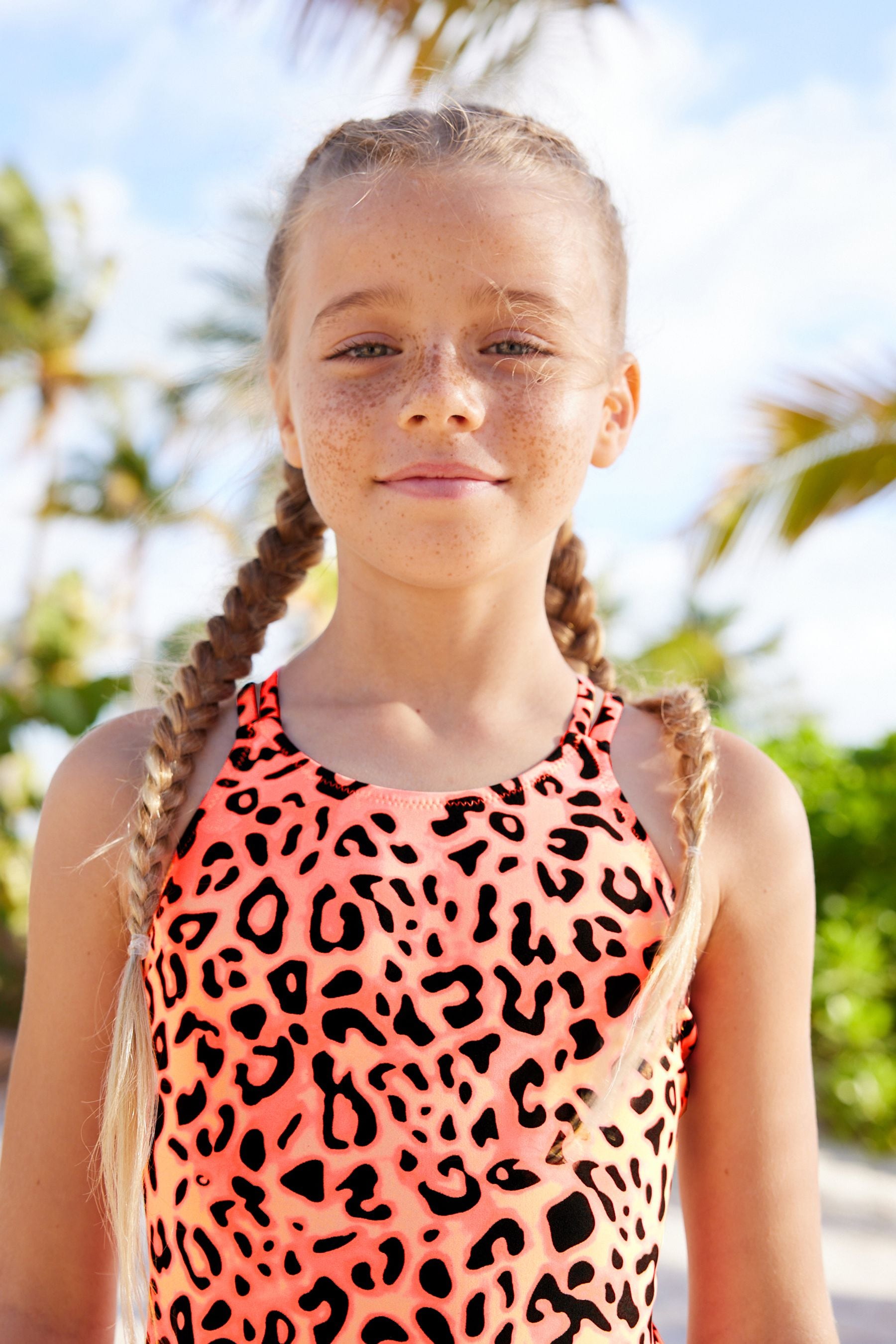 Coral Pink Leopard Print Swimsuit (3-16yrs)