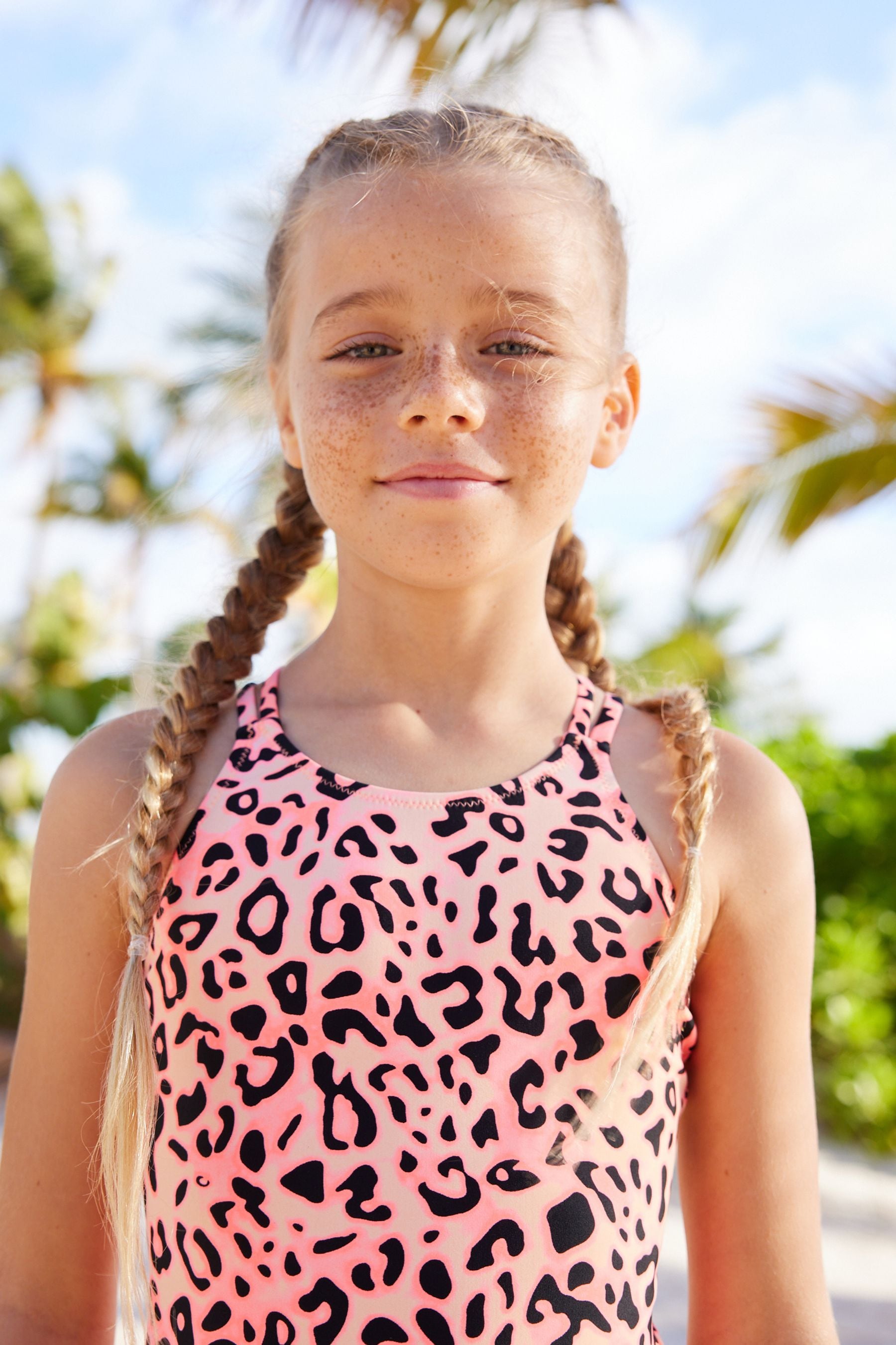 Coral Pink Leopard Print Swimsuit (3-16yrs)