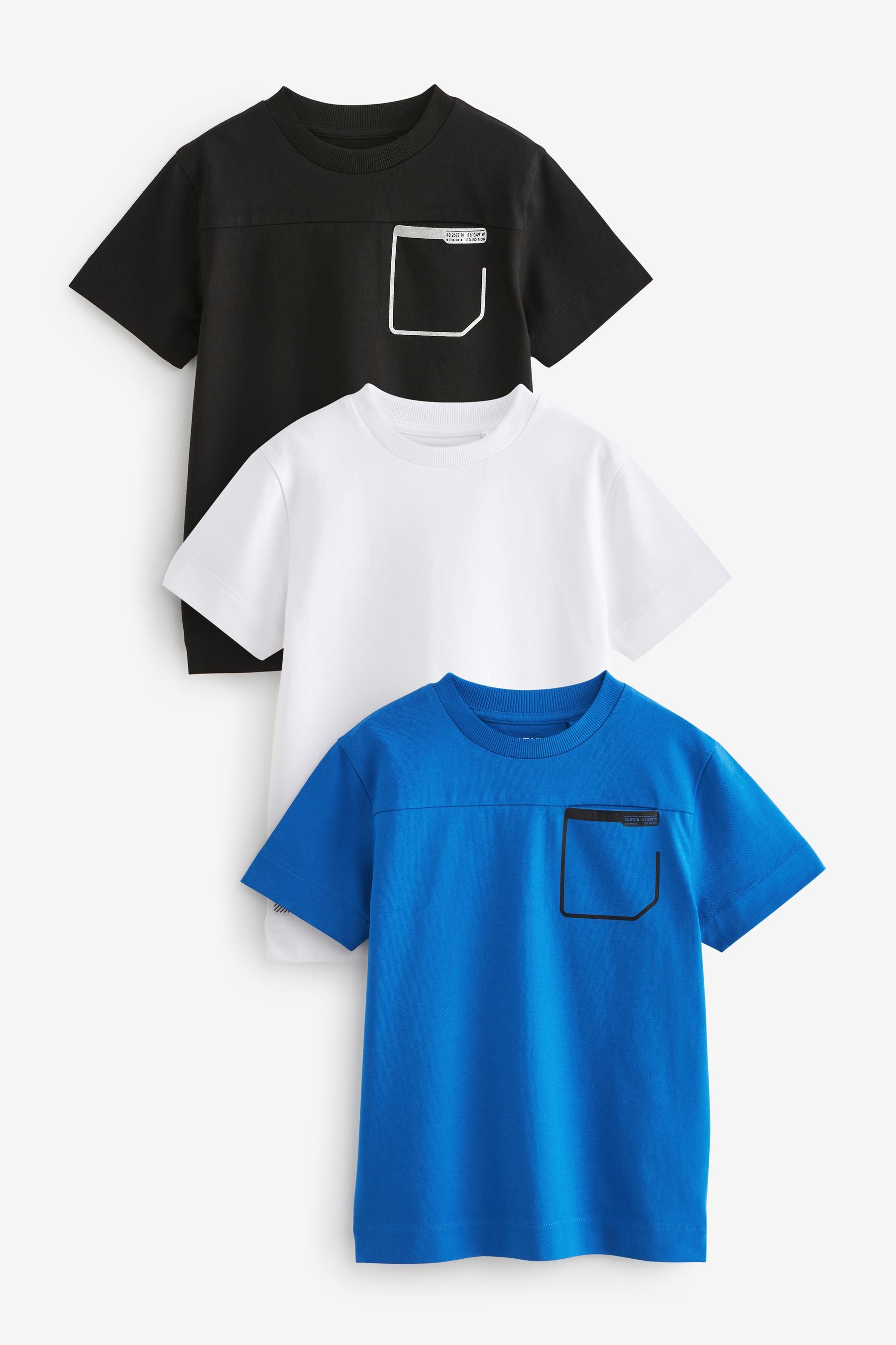 Cobalt Blue/White/Black Relaxed Fit Sport Pocket 100% Cotton T-Shirts 3 Pack (3-16yrs)