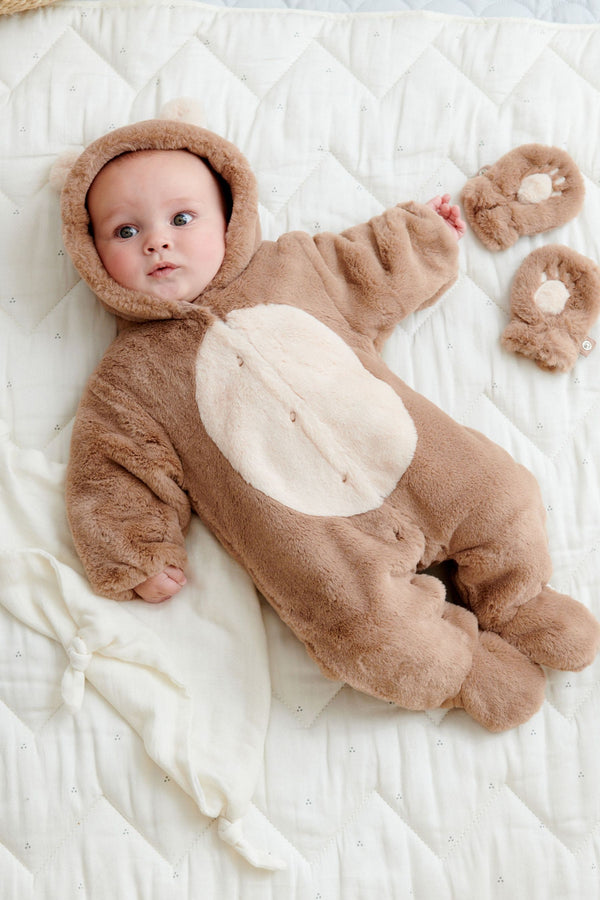 Brown Fleece Hooded Pramsuit with Detachable Mitts (0mths-2yrs)