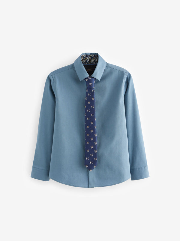 Blue Long Sleeve 100% Cotton Shirt with Tie Set (3-16yrs)