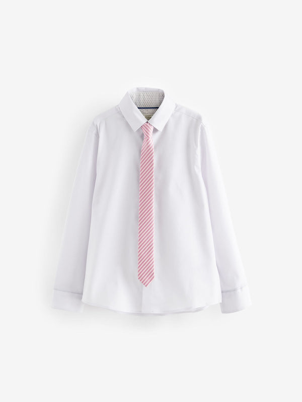 White/Pink Long Sleeve 100% Cotton Shirt with Tie Set (3-16yrs)