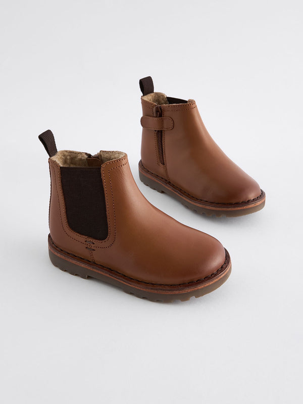 Tan Brown Warm Lined Leather Chelsea Boots