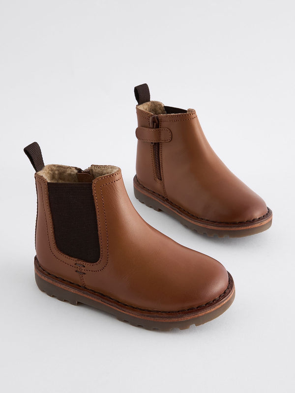 Tan Brown Warm Lined Leather Chelsea Boots