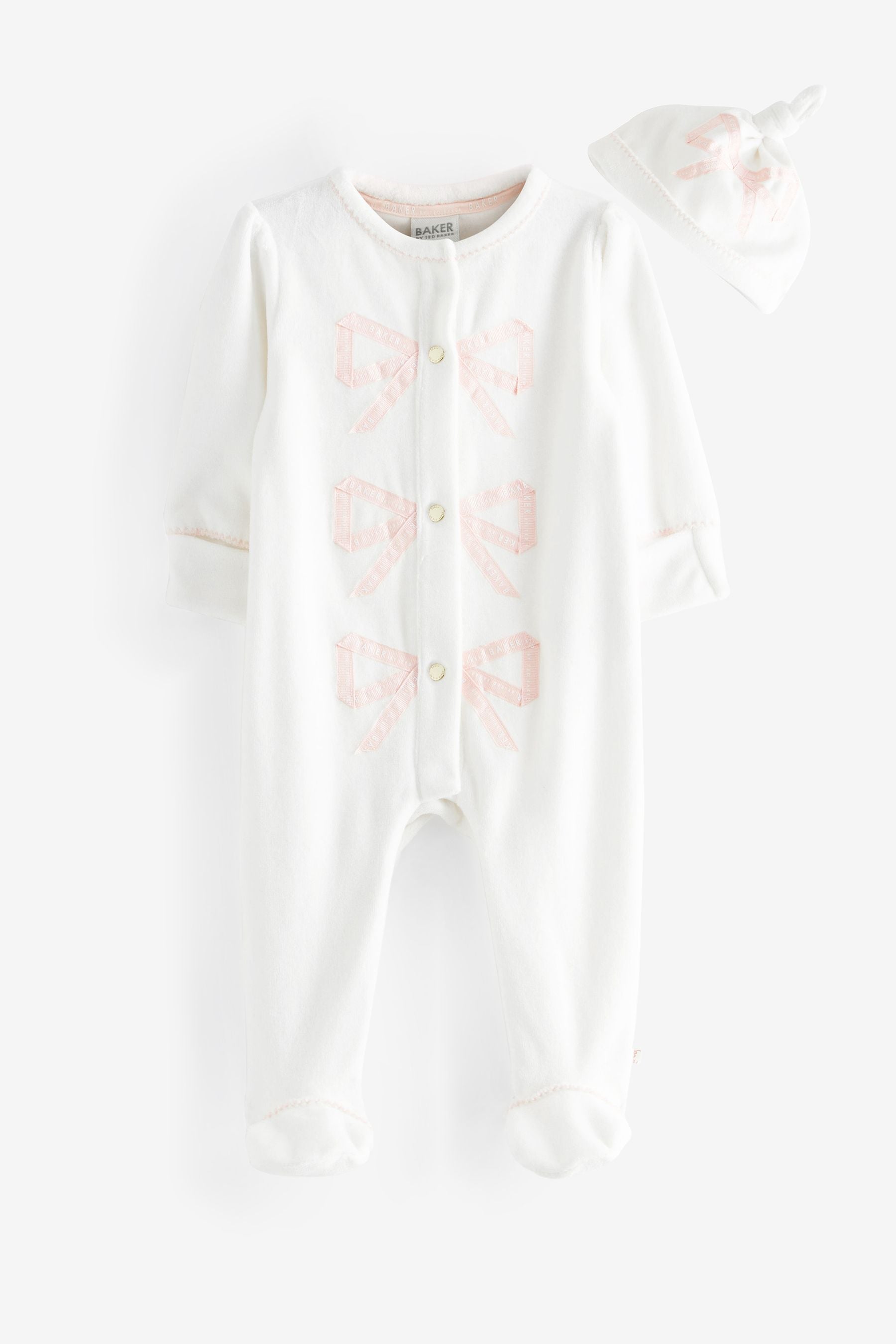 Baker by Ted Baker Bow White Velour Sleepsuit and Hat Set