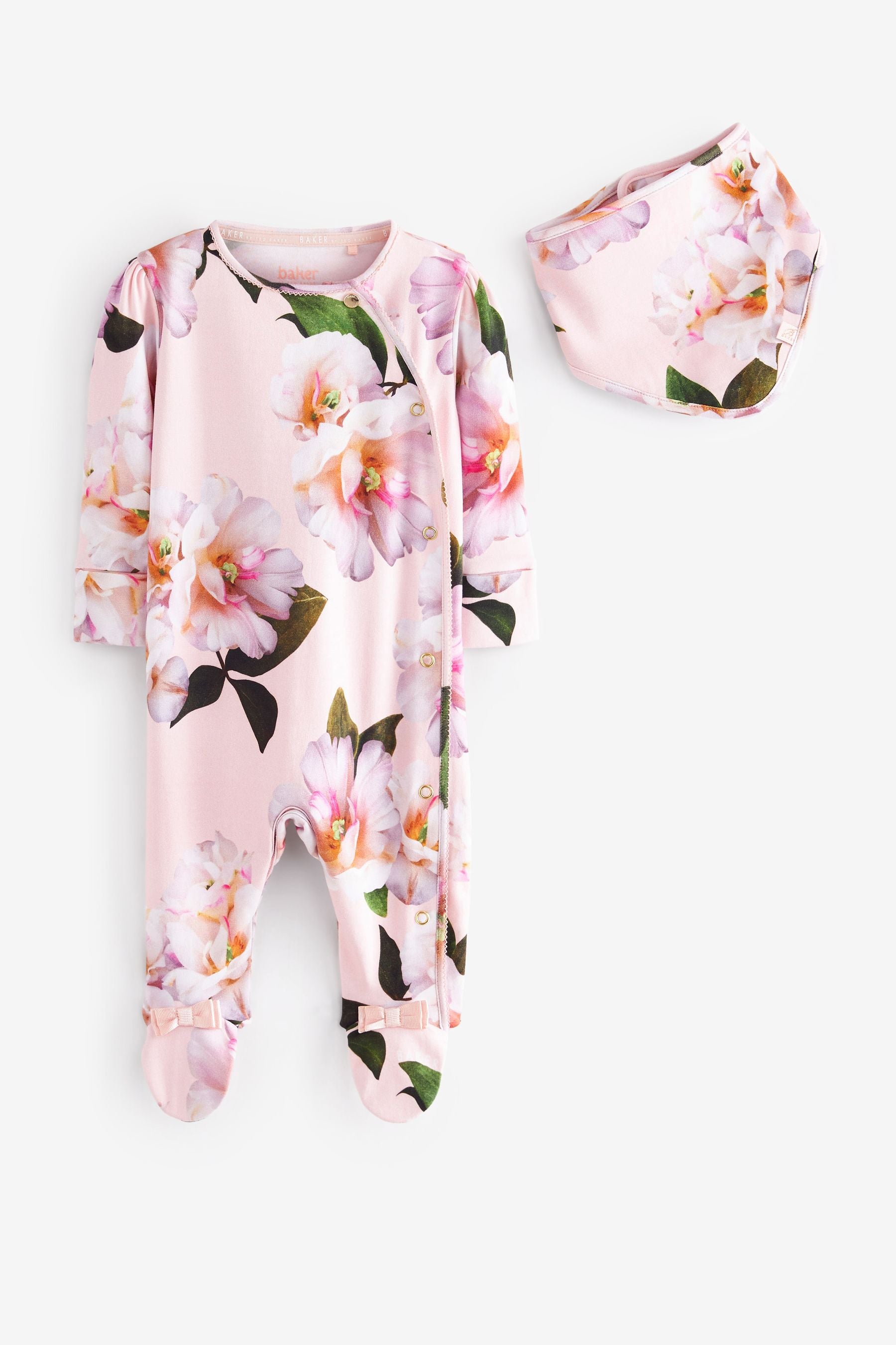 Pink Baker by Ted Baker Mirror Floral White Sleepsuit And Hat Set