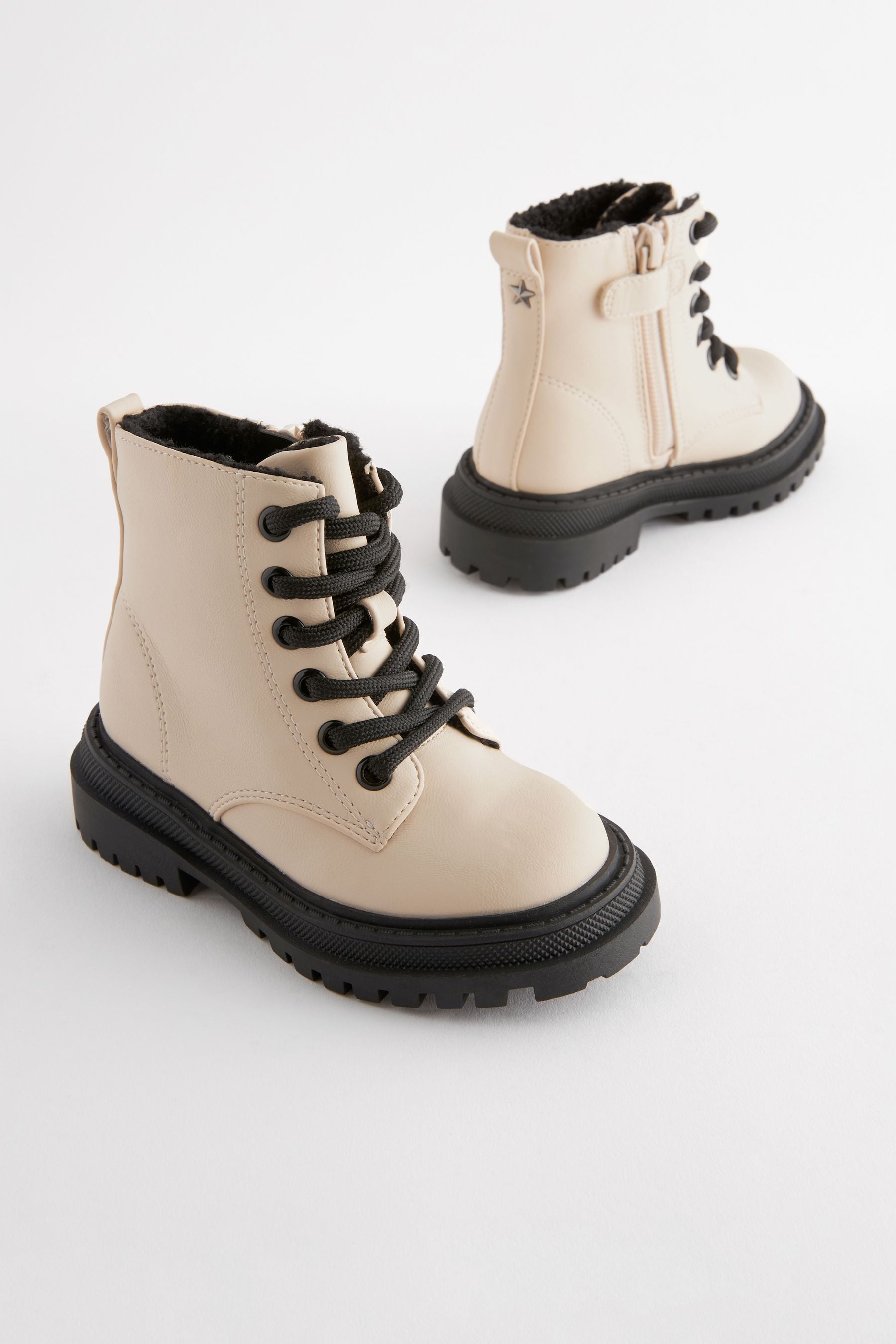 Neutral White Wide Fit (G) Chunky Lace-Up Boots